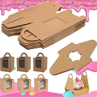 tris - Cajas para cupcakes, 25 unidades, cajas para cupcakes, individuales con ventana, inserto y asas y ventana de exhibición de PVC, para boda, fiesta de cumpleaños, color marrón