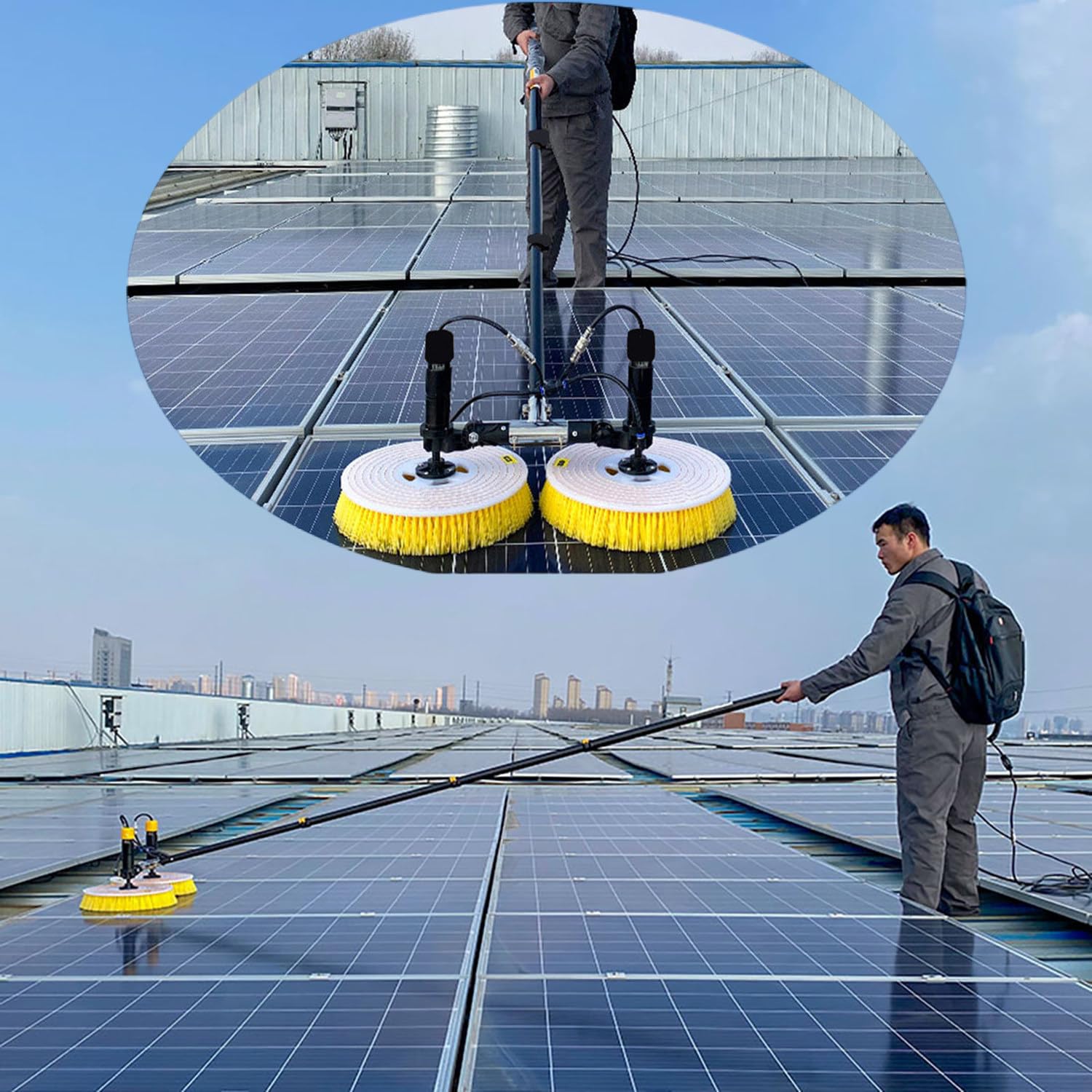 AYCDL Electric Solar Panel Cleaning Brush Kit with Telescopic Rod, Long Water Pipe and Power Cord for Efficient and Easy Solar Maintenance,3.5m