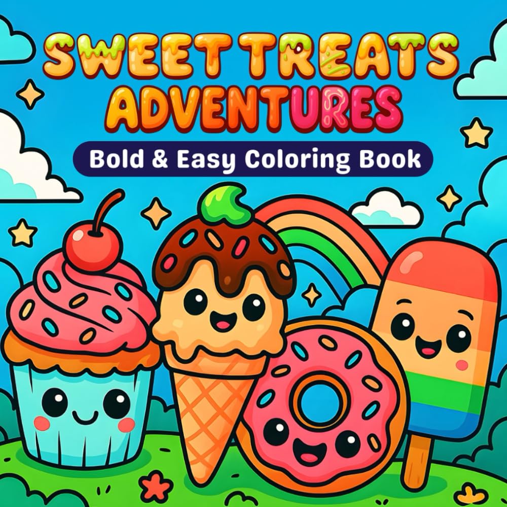 Sweet Treats Coloring book for Kids: Bold and Easy Adorable Kawaii Cakes, Ice Cream, Donuts, and Candy Designs for Fun, Creativity, and Relaxation