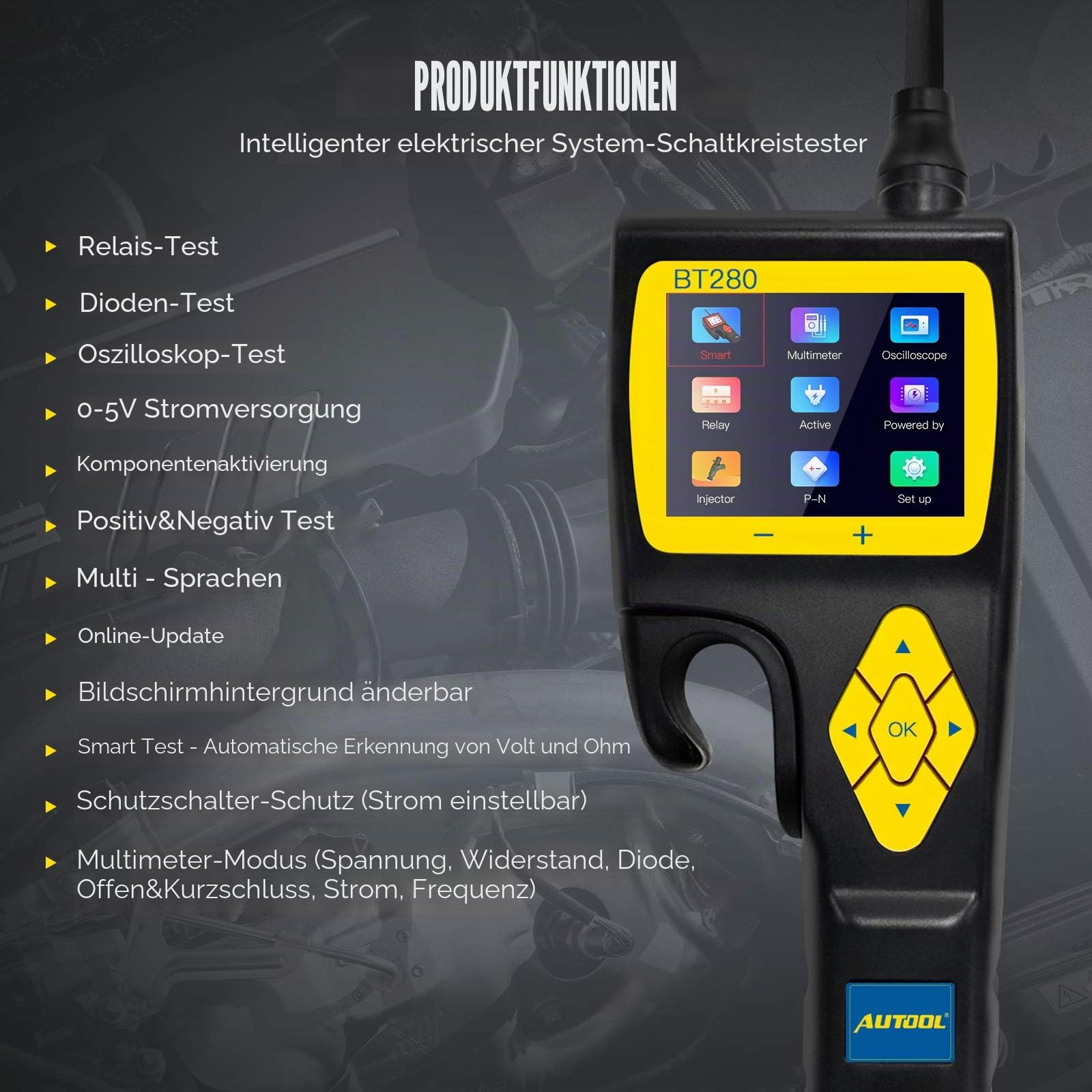 AUTOOL BT280 Schaltkreis Tester für elektrische Systeme, Werkzeuge für elektronische Systeme in Kraftfahrzeugen, Diagnosewerkzeug für elektrische Systeme mit 9 V bis 30 V und 2,4-Zoll-LCD-Display