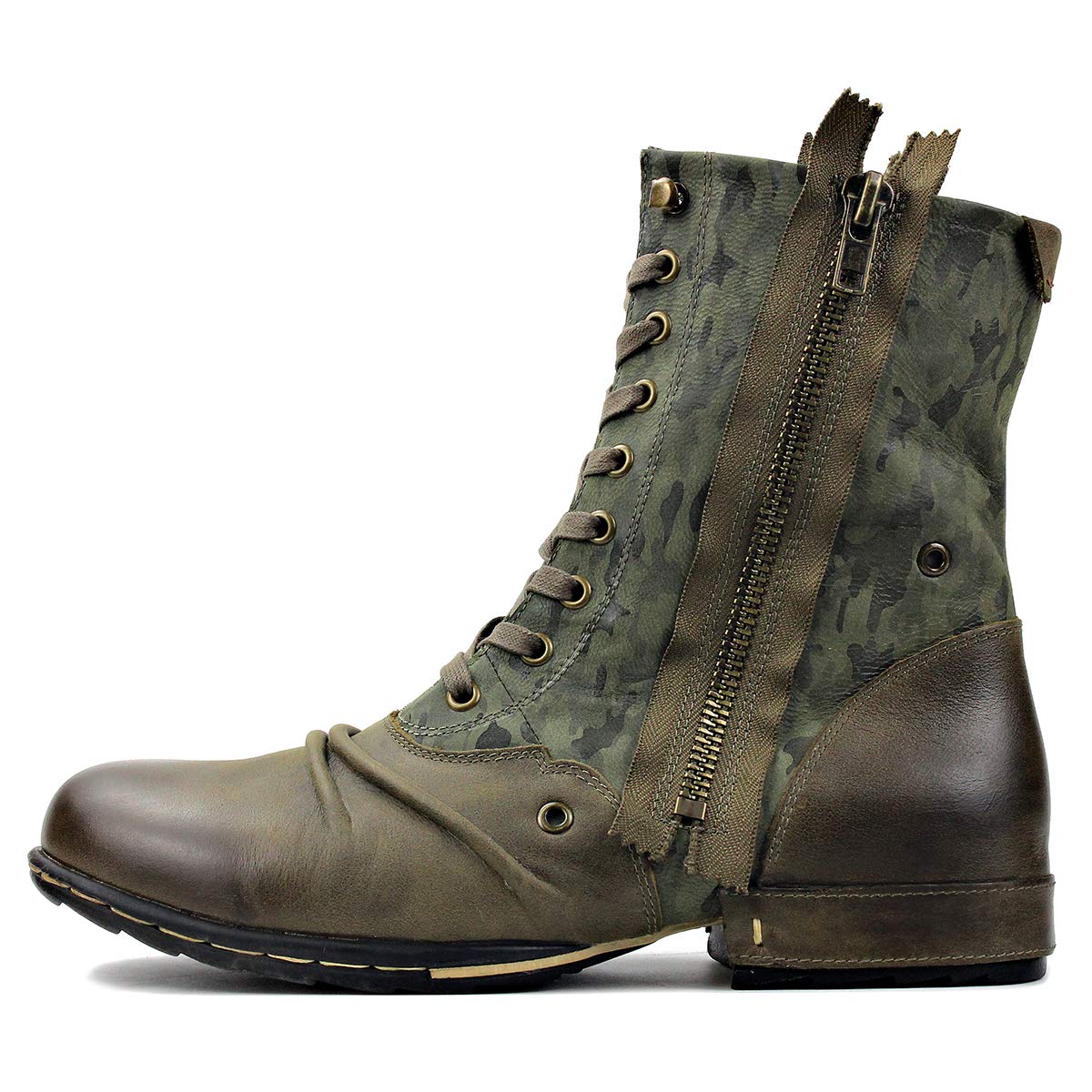 OSSTONE Botas para Moto Botines Hombre de Invierno Piel Zapatos Negras Vestir Nieve Piel Forradas Calientes Planas Combate Militares Cremallera Boots OS-5008-8-H-Green