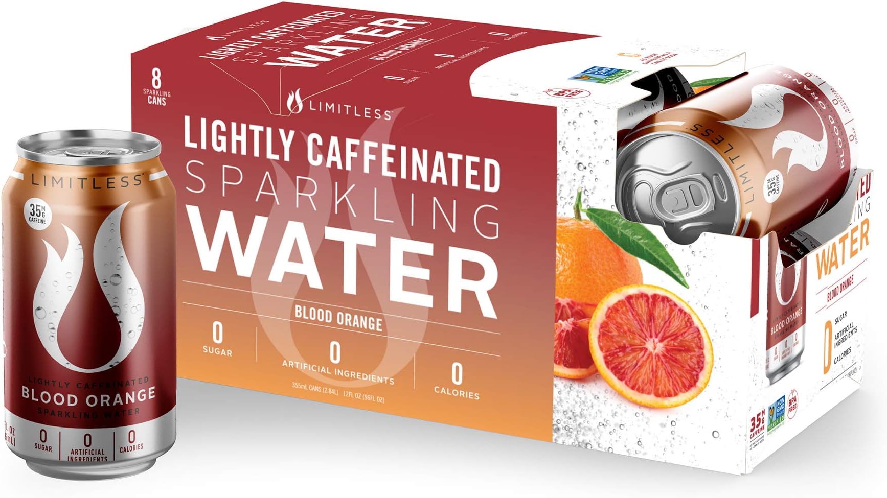 Limitless Lightly Caffeinated Sparkling Water, Blood Orange,12 Fl Oz (Pack of 8)
