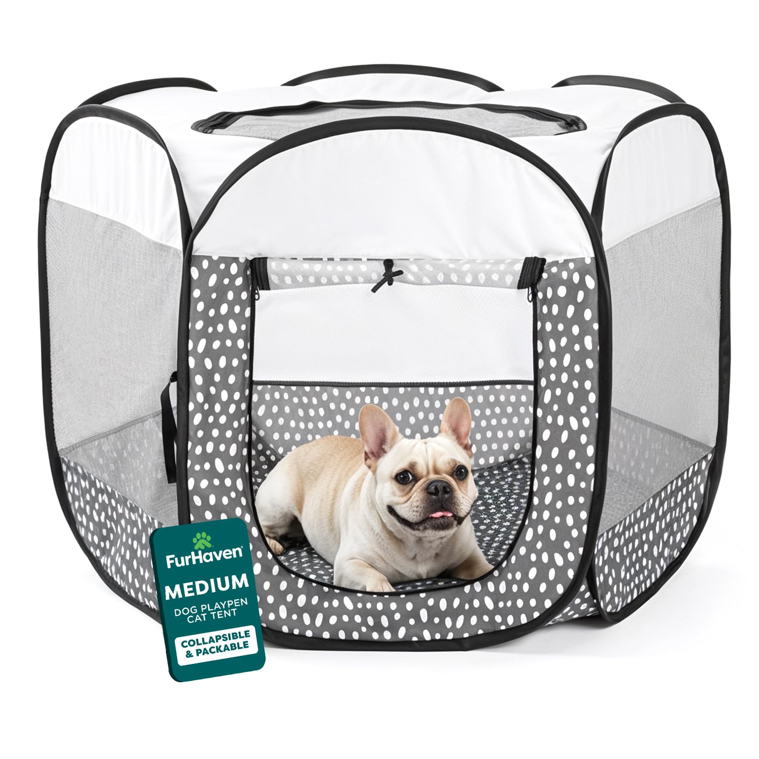 FurHaven Soft-Sided Dog &amp; Cat Playpen, Portable Foldable Indoor &amp; Outdoor Pet Playpen with Mesh Windows &amp; Zippered Door, Gray Pebbles, Medium