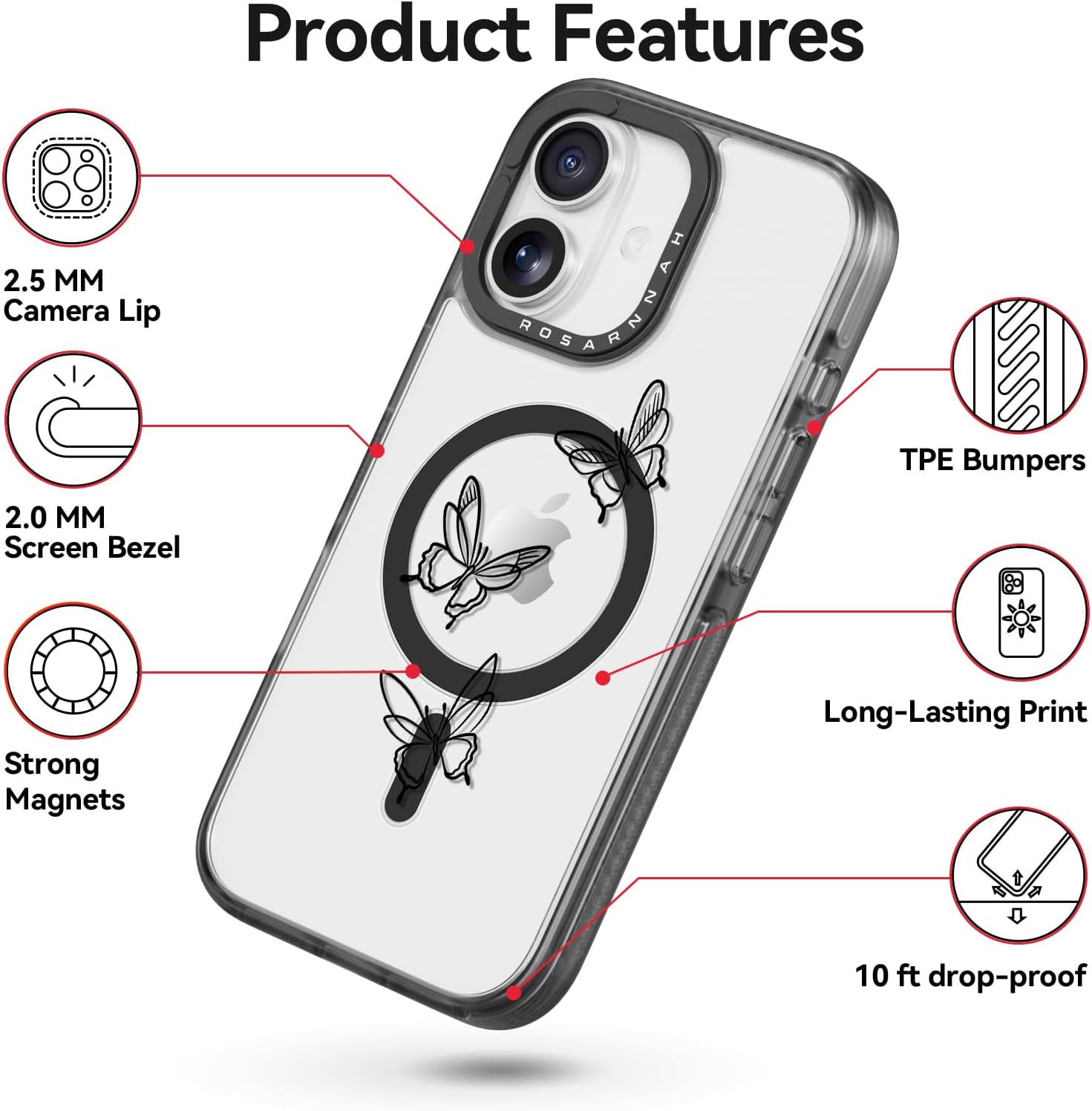 Bouvardia for iPhone 17 Case, Compatible with Magsafe & Butterfly Sketch Design, Aesthetic Cute Girly Magnetic Phone Case from Extraordinary Designer for Women and Girl