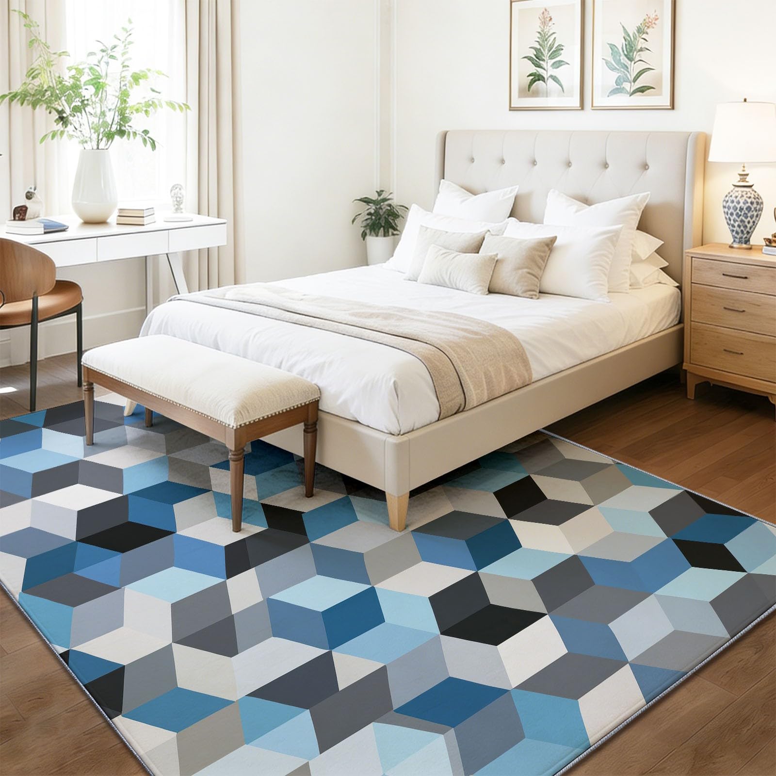 Minimalistisch geometrisch dreidimensional Teppich Wohnzimmer 80x150cm, rutschfest Kurzflor Kunstwolle Schlafzimmer Teppich, Waschbar blaugrau Bettvorleger Teppiche für Wohnzimmer Schlafzimmer