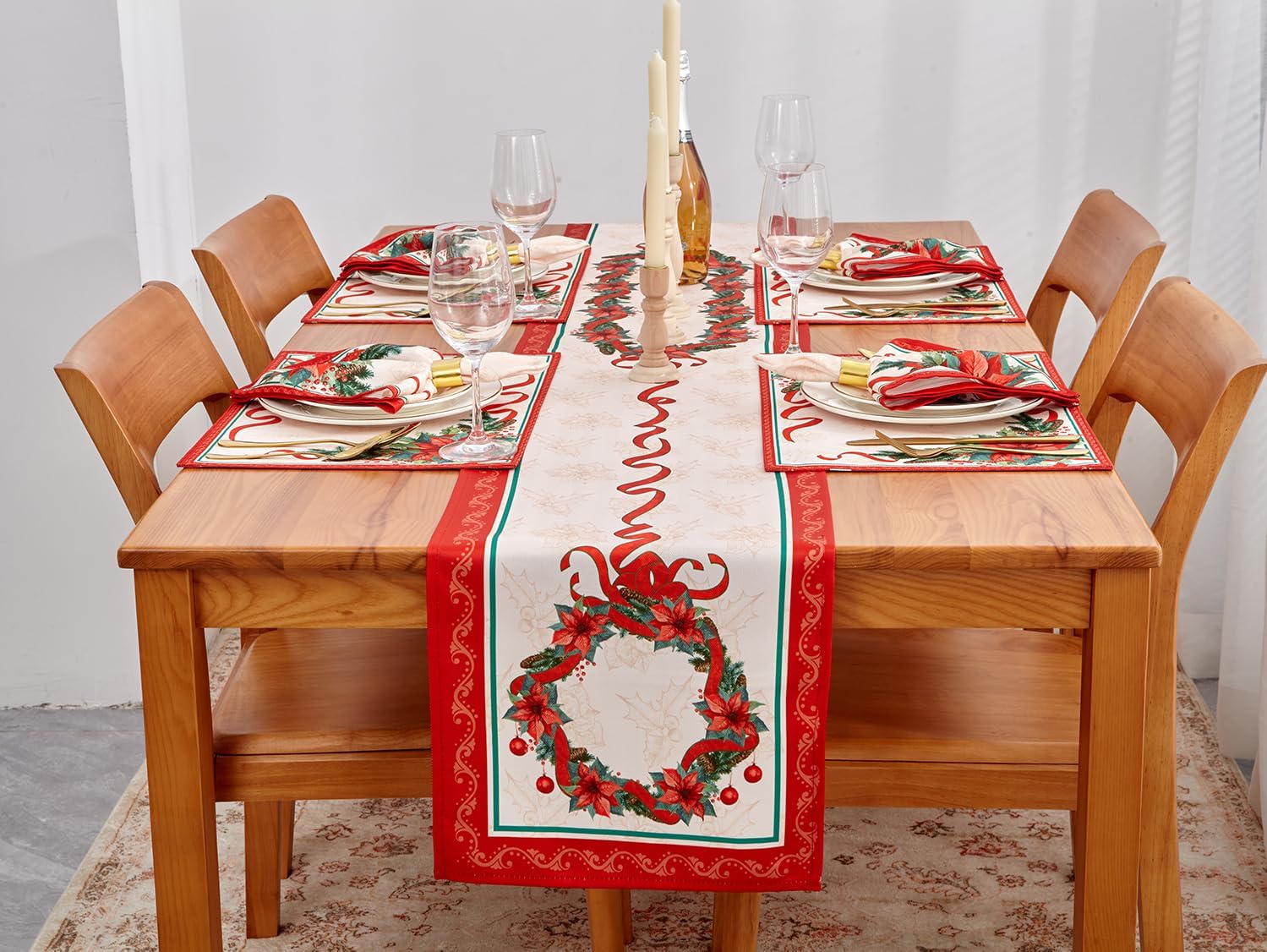 YiHomer Poinsettia Ribbon Engineered Printed Fabric Christmas Tabletop for Xmas Winter Holiday, Christmas Time, Reversible Placemat Set, 13 x 19