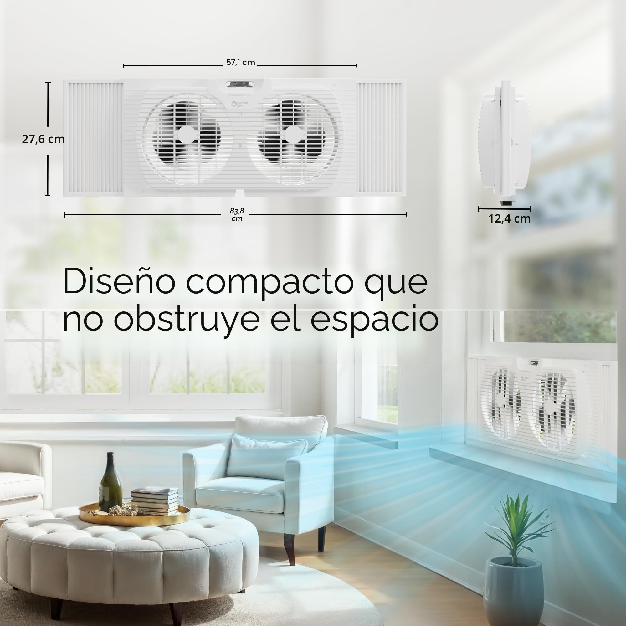 Comfort Zone Ventilador reversible de doble ventana de 9 pulgadas y 3 velocidades, ventilador de escape de ventana de doble hoja con expansores de bloqueo automático, 22.25 a 33 pulgadas de ancho