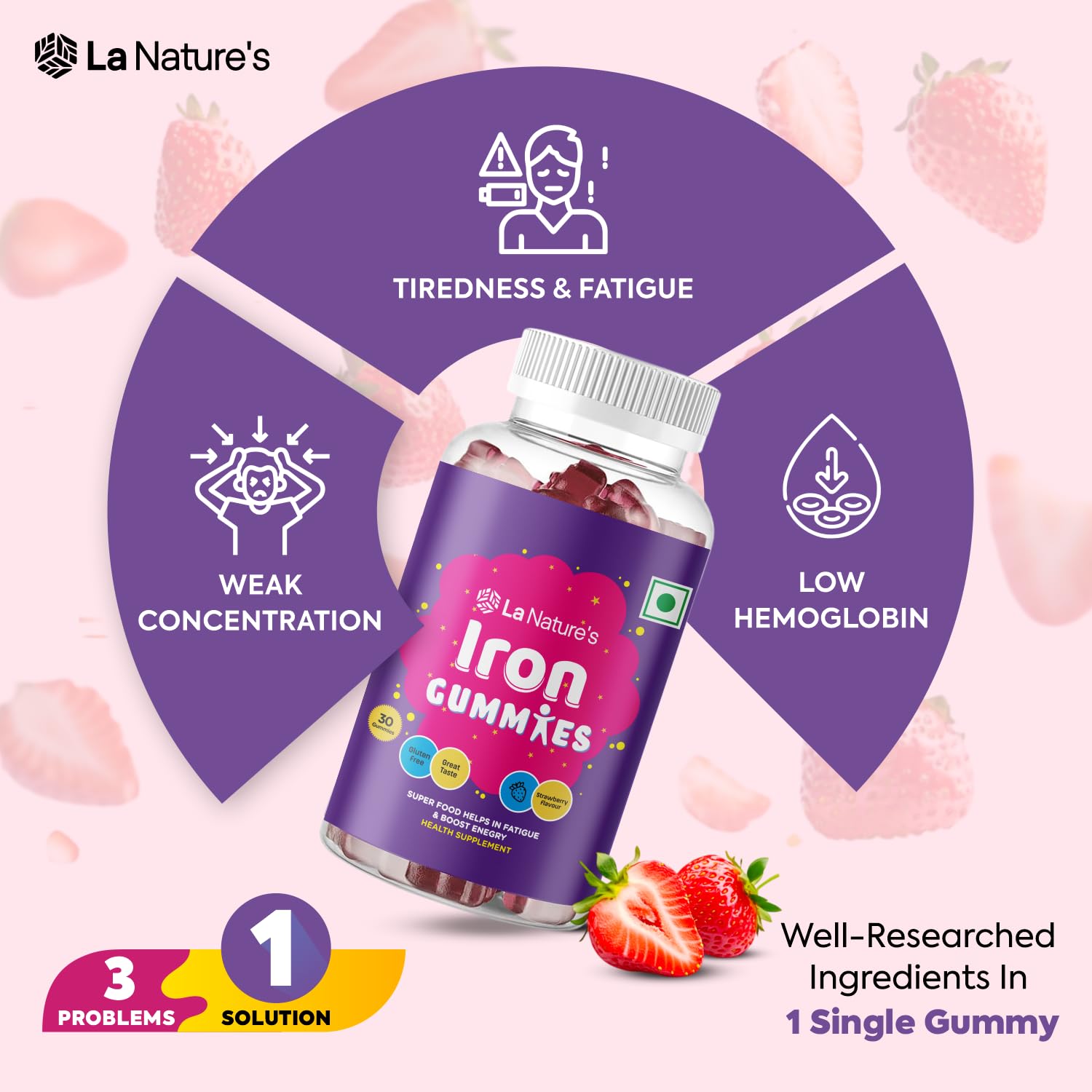 La Nature's Iron Gummies For Kids And Adult s Superfood To Prevent Fatigue And Boost Energy Maintain Hameglobin Level Supports Immune System Strawberry Flavour (30 Gummies) 3