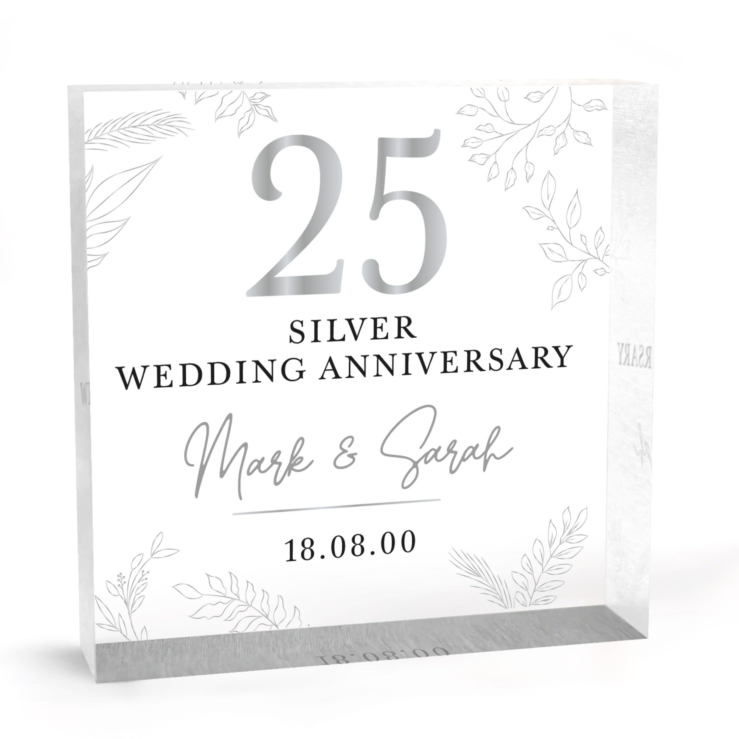 Beecreative 25th Wedding - Personalised Silver Wedding For Couple - 80mm x 80mm x 12mm Acrylic Block With Grey Bag