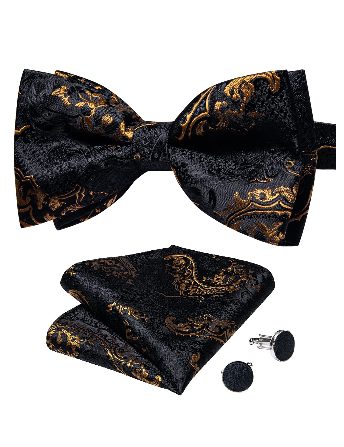 Paisley Pre-Tied Bow Ties for Men Silk Adjustable Bowtie and Pocket Square Cufflinks for Wedding Party