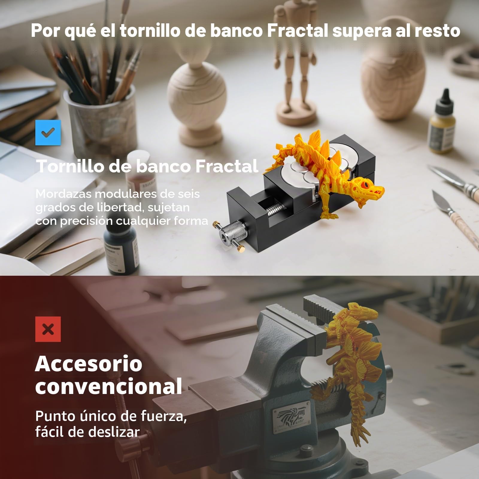 WhiteRhino Tornillo fractal inteligente – mini-tornillo de banco autoajustable con 6 mandíbulas independientes para formas irregulares – tornillo de taladro para bricolaje, joyería & reparaciones