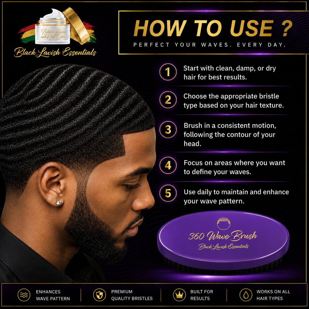 Cepillo de ondas 360, crea ondas más profundas, cerdas de jabalí suaves y duras, cerdas curvas negras LAVISH ESSENTIALS (morado, cepillo de dureza media)