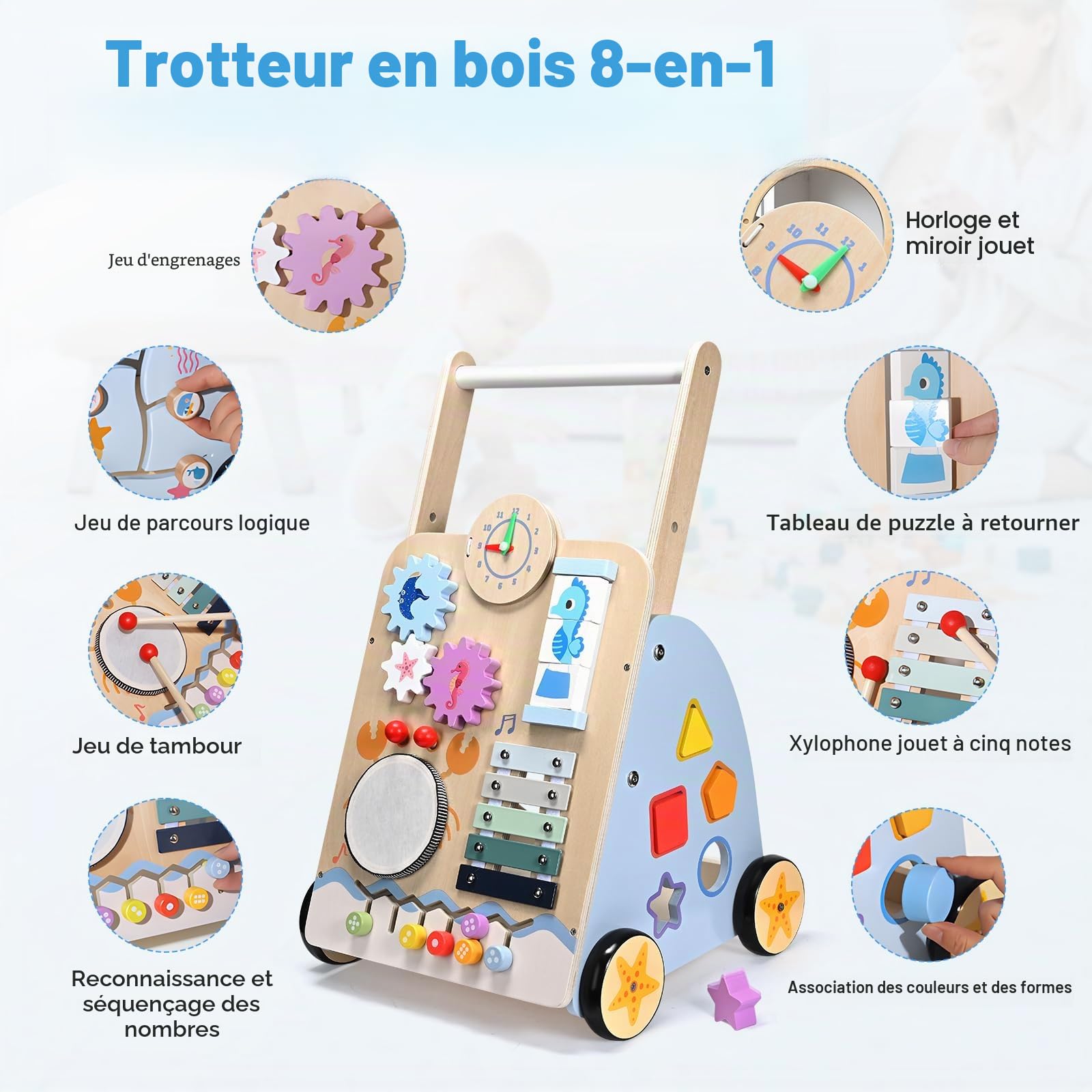 chariot de marche bebe, multifonctionnel Trotteur bébé en bois 8 en 1 pour enfants de 3 à 9 mois, avec roues et blocs de construction pour l'éducation précoce, cadeau adapté