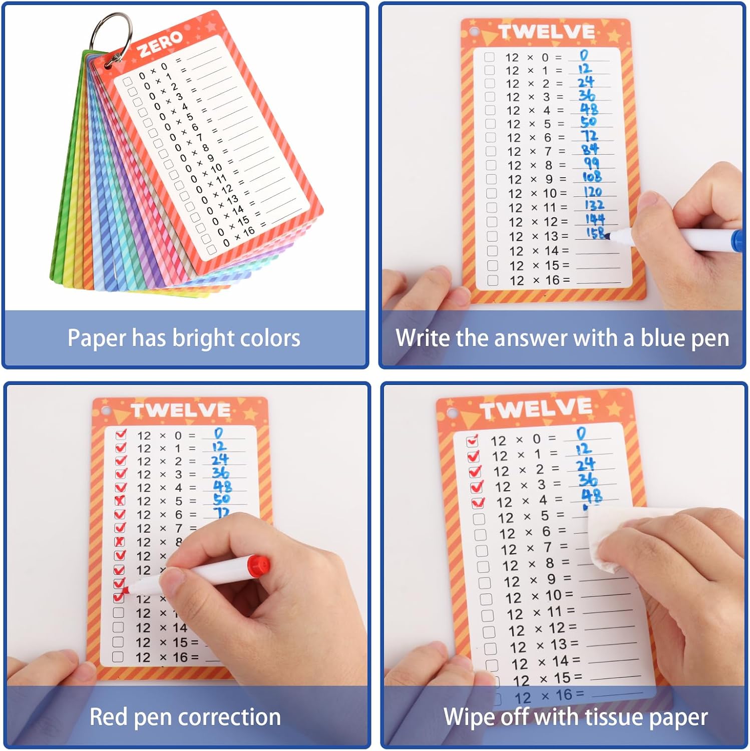 17 Pcs Multiplication Flash Cards 0-16 with 2 Dry Erase Markers and 2 Rings Math Flash Cards Fun Math Games for Kids 1st Grade, 2nd Grade, 3rd Grade, 4th Grade