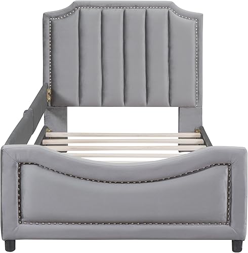 Miniatura 4 de DEINPPA Plataforma tapizada para niños con bonita cabecera, marco de cama de tela de terciopelo con barandilla de un solo lado para niños y niñas,