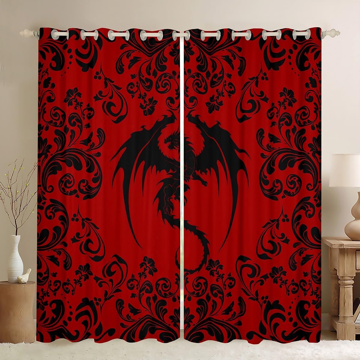 Gothic Dragon Blackout Curtains 52" Wx84 L Goth Red Black Damask Curtains Drapes for Kids Boys Teen Men Bohemian Exotic Floral Animal Window Curtains Victorian Baroque Dragon Curtains 2 Panels