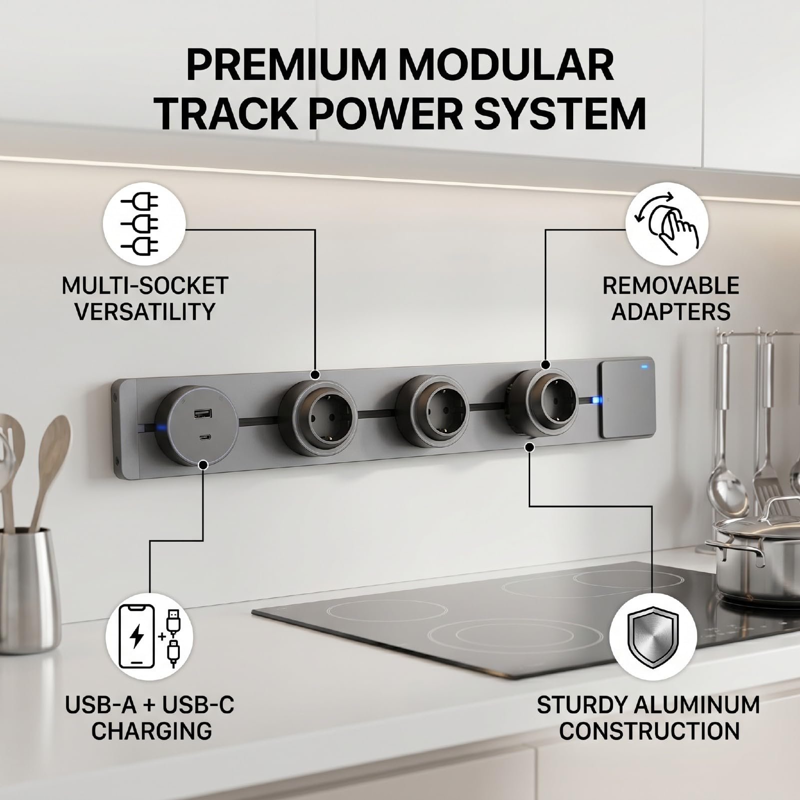 Bewinner Tomacorriente de Riel de 60 Cm Enchufe de 2 Clavijas Puerto USB A y C de Riel Adaptador Extraíble para el Hogar Cocina Oficina 10 W Luz Azul Gris Mate