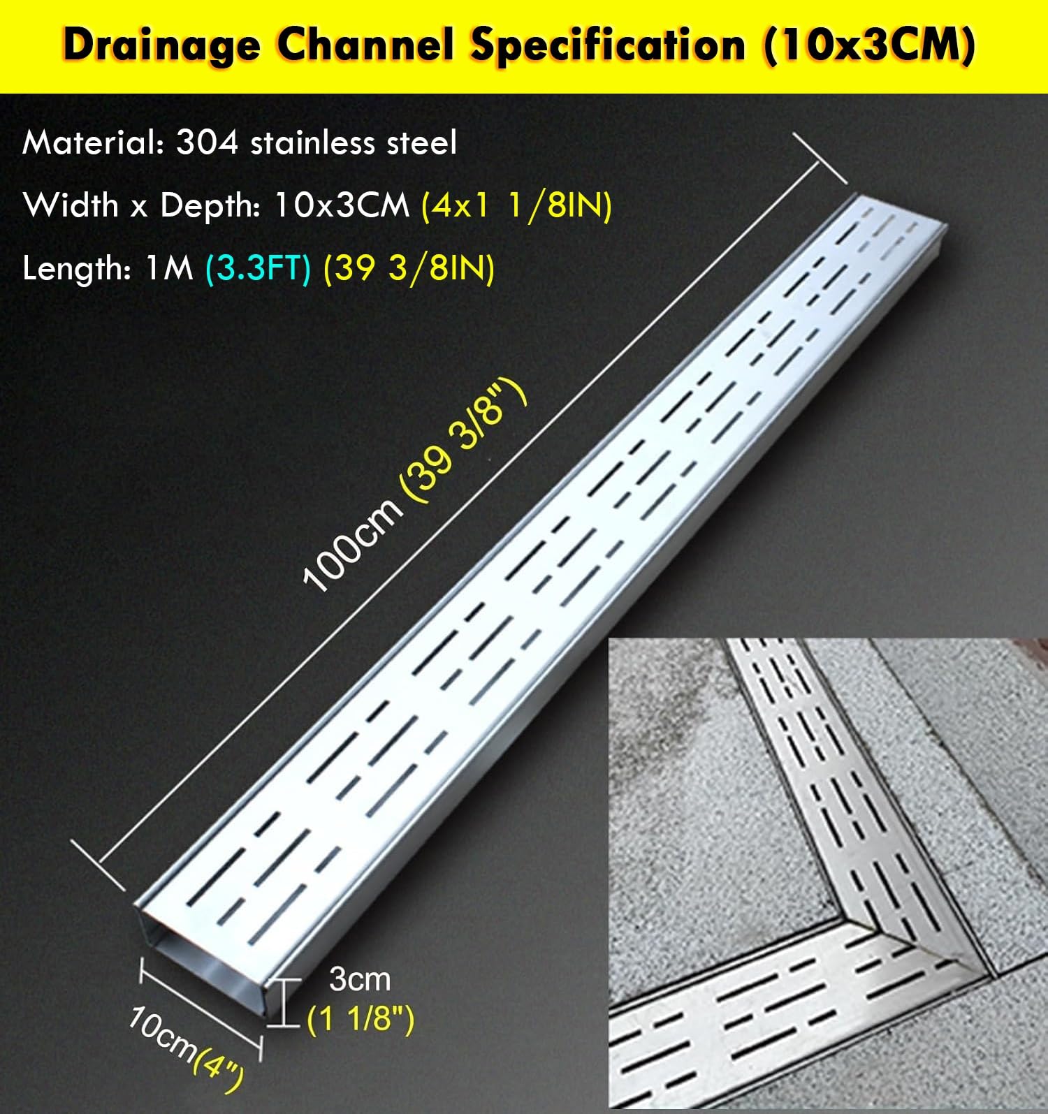 Canale di scarico a basso profilo, 1 m, grata per grondaie a flusso basso, per giardino/cortile, 10 x 3 cm, confezione da 5