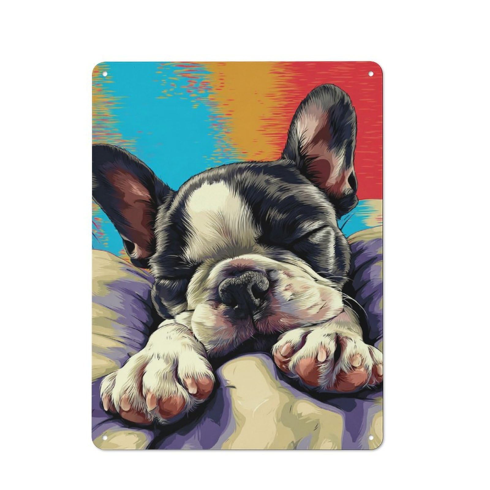 Junmoney Sleepy French Bulldog Portrait -1 Metal Sign 40X30cm With For Workshop Wall, Rustic Decor, Wall Decoration For Workshops And Hobby Rooms
