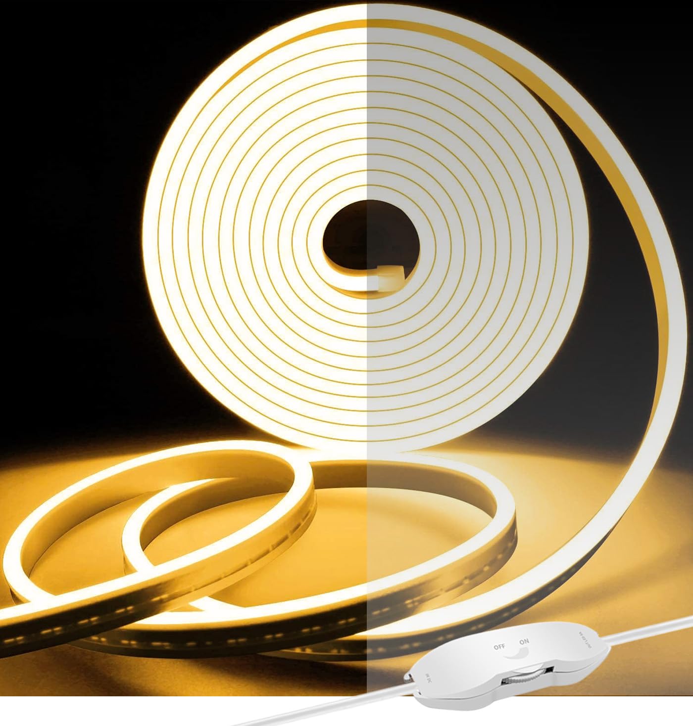 iNextStationNeon LED Strip Light Warm White 3000K Dimmable, 5M DC12V IP65 Waterproof Flexible Silicone LED Neon Rope Light for Bedroom Kitchen Indoors Outdoors DIY Decor (No Power Adapter)