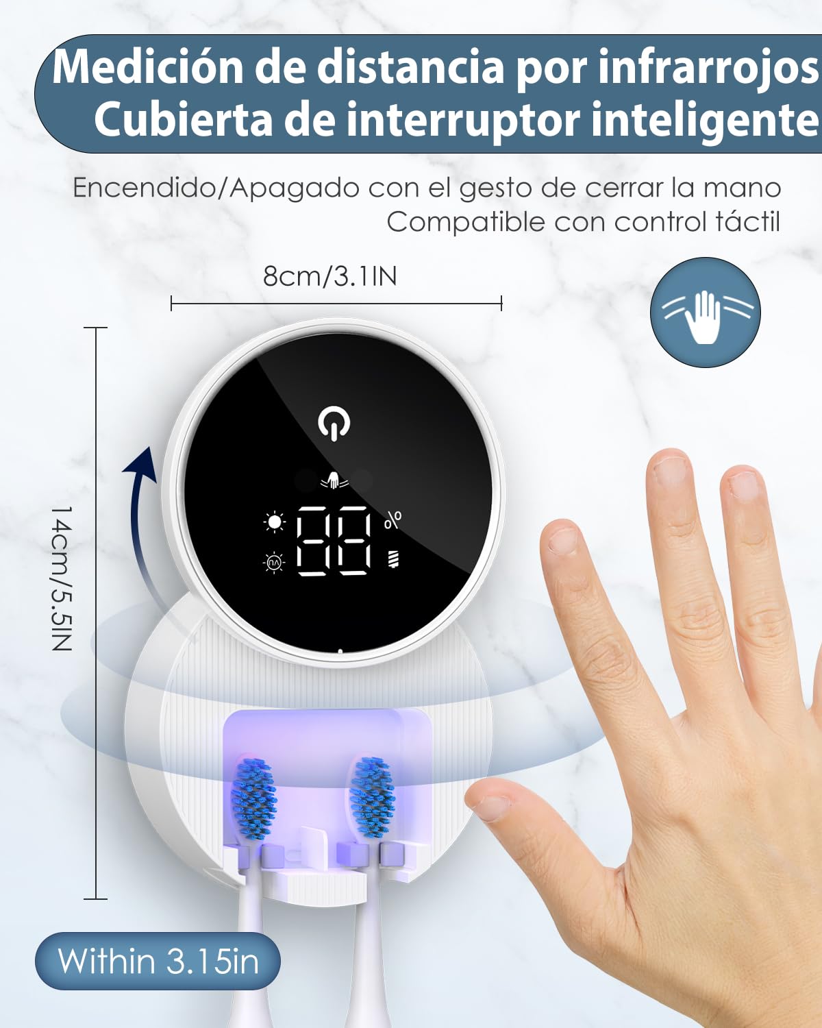 Desinfectante para Cepillos de Dientes, Soporte para Cepillo de Dientes Eléctrico con Función de Secado, Temporizador, Pantalla LED, Recargable, Soporte para Cepillo Eléctrico, Viajes