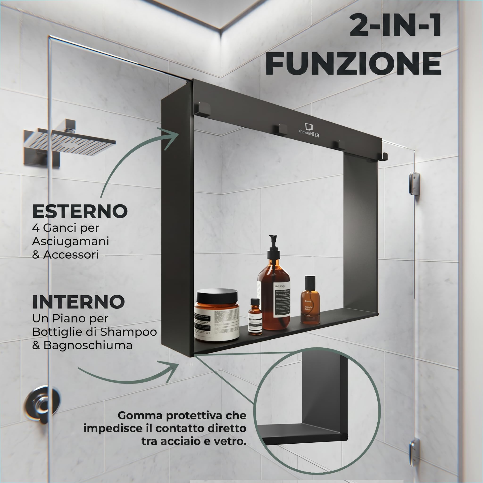 ShowerNIZR Mensola doccia Grey - Mensola doccia senza foratura da appendere alla parete in vetro in acciaio inox con 4 ganci porta shampoo per organizer doccia moderno e ordine nel box doccia