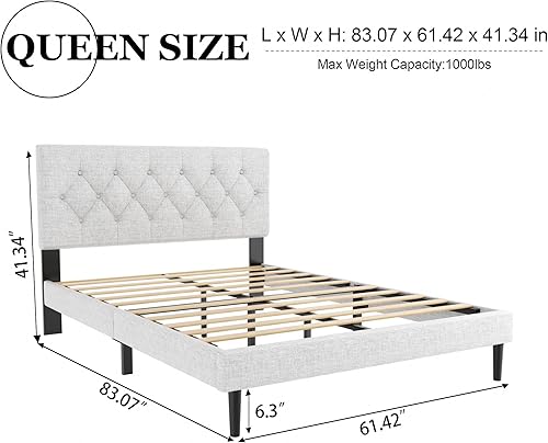 Miniatura 2 de Base de cama de plataforma tamaño Queen con cabecera tapizada con botones incrustados, base de colchón con soporte de listones de madera, diseño