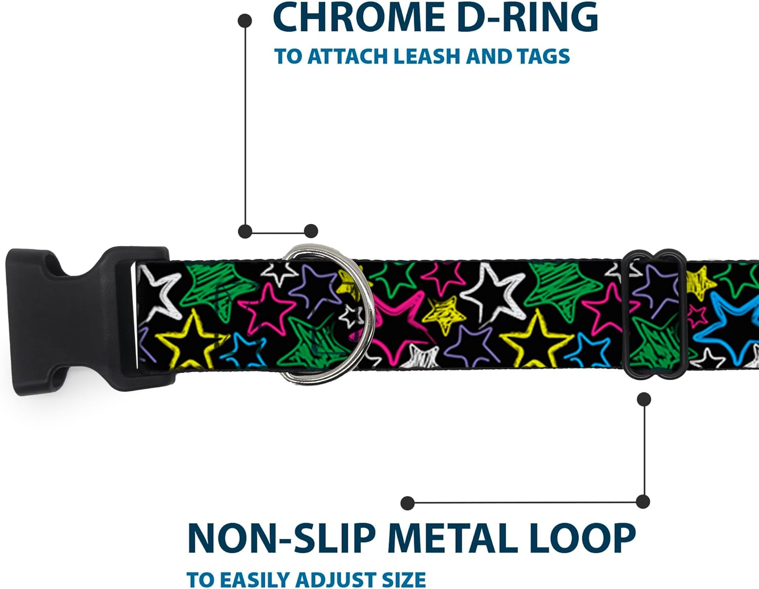 Buckle-Down Plastic Clip Collar - Sketch Stars Black/Multi Color - 1.5" Wide - Fits 13-18" Neck - Small