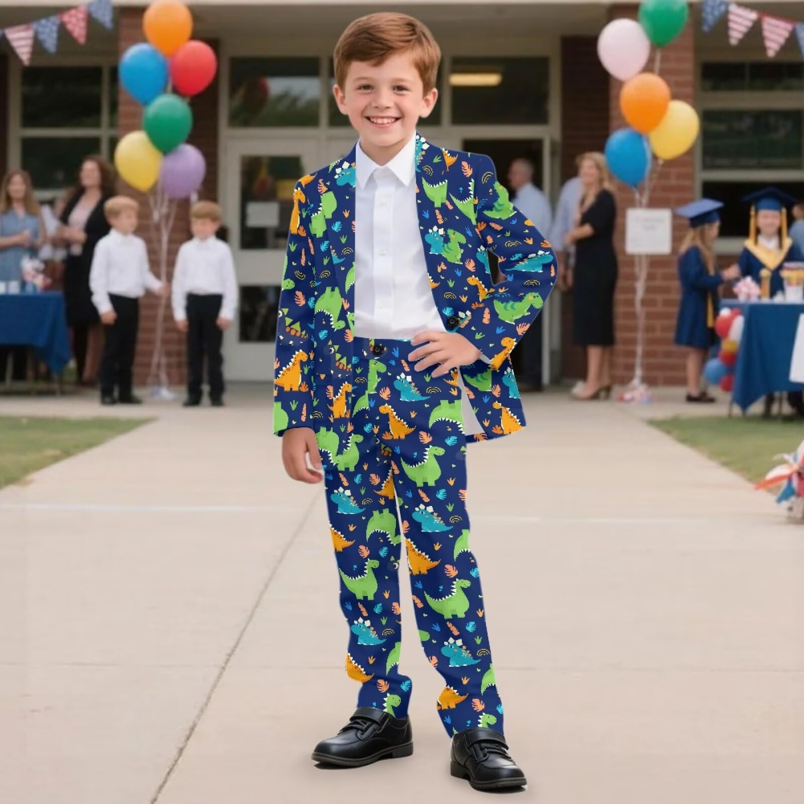 Biyejit 2-teiliges Jungenanzug-Set mit einem Knopf, Blazer und Hose, formelle Smokingjacke für Hochzeit, Party, Outfit, 5–14 Jahre, Dinosaurier, 7-8 Jahre