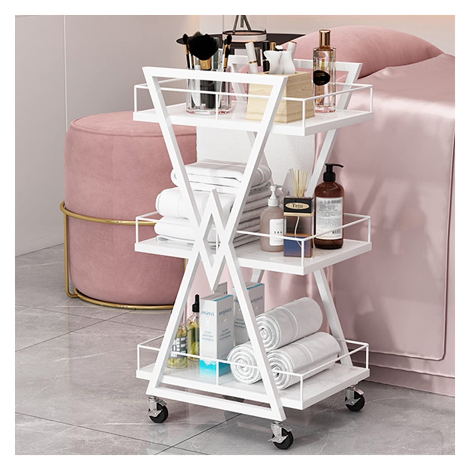 Carrello in metallo per carrello medico, carrello per salone di bellezza, con ruote, cassetti per parrucchieri e manicure, 3 ripiani, carrello per manicure