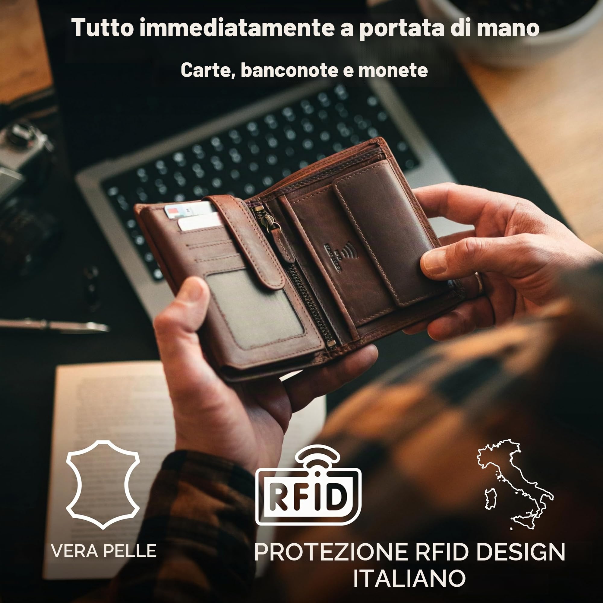 Baur portafoglio da uomo – vera pelle con protezione RFID – portafoglio grande verticale con 12 scomparti carte – ampio scomparto portamonete (Formato verticale con bottone interno, Marrone scuro)