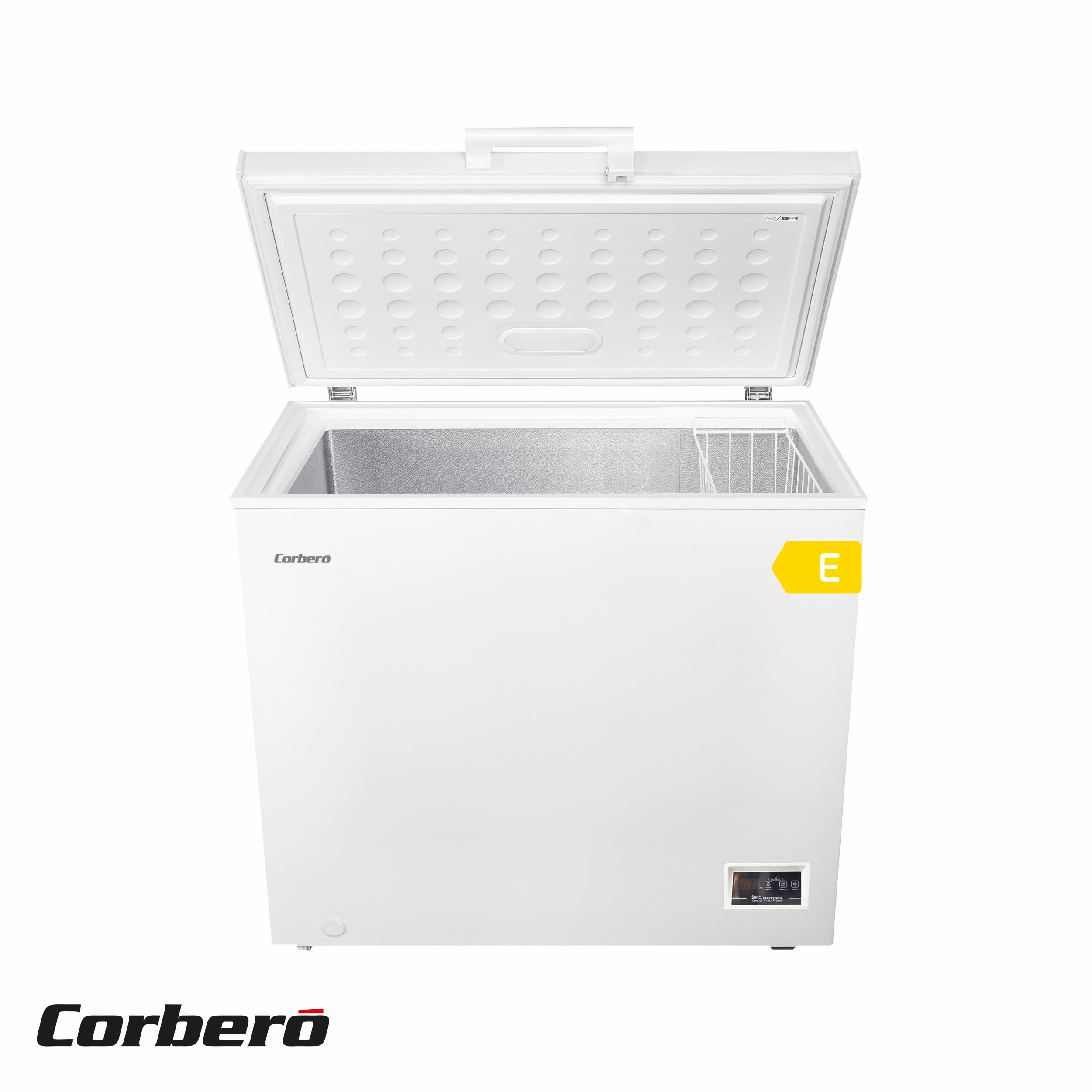 Corberó - Congelador Arcón | CCHH20024E | Capacidad 198L | Control Electrónico con Display | Luz LED | Tirador | 1 Cesta Interior | 2 Ruedas | 2 Patas Ajustables | 40 Db | Blanco