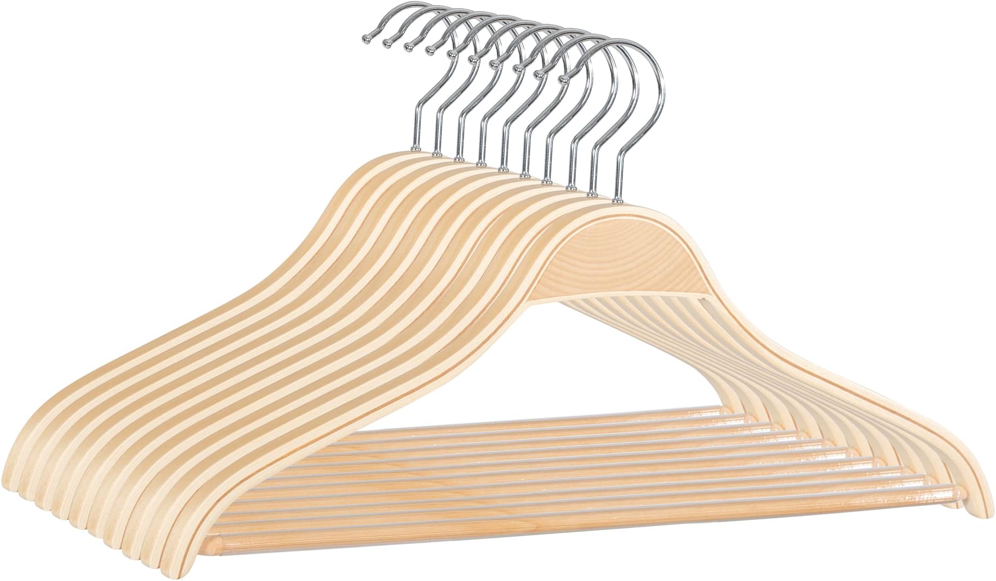 ZavjyetJS HANGER Wooden Coat Hangers, 10 Pack Light Weight Wood Coat/Suit Hangers with Non-Slip Pant Bar, Natural Finish