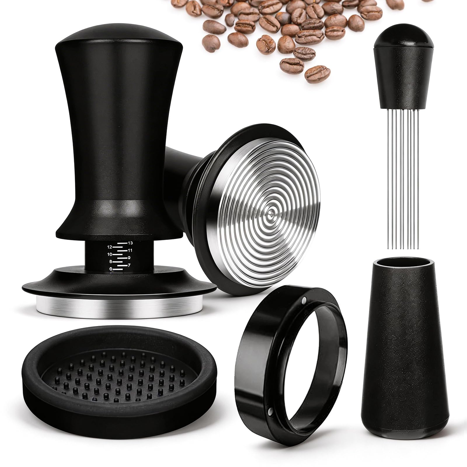 Tamper de café de 51 mm con herramienta WDT, juego profesional para portafiltros, incluye prensador de fondo estriado, herramienta WDT de 12 agujas (0,4 mm), anillo dosificador magnético y