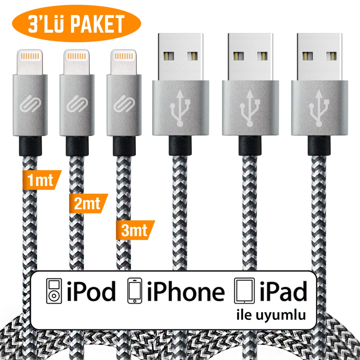 Hızlı USB Lightning Kablo – 3’lü Şarj Kablosu Seti - iPhone XS/X/8 Plus/7/7 Plus/6/6 Plus/6s/6s Plus/5/5s/5c/SE&iPad ile Uyumlu – Siyah Beyaz