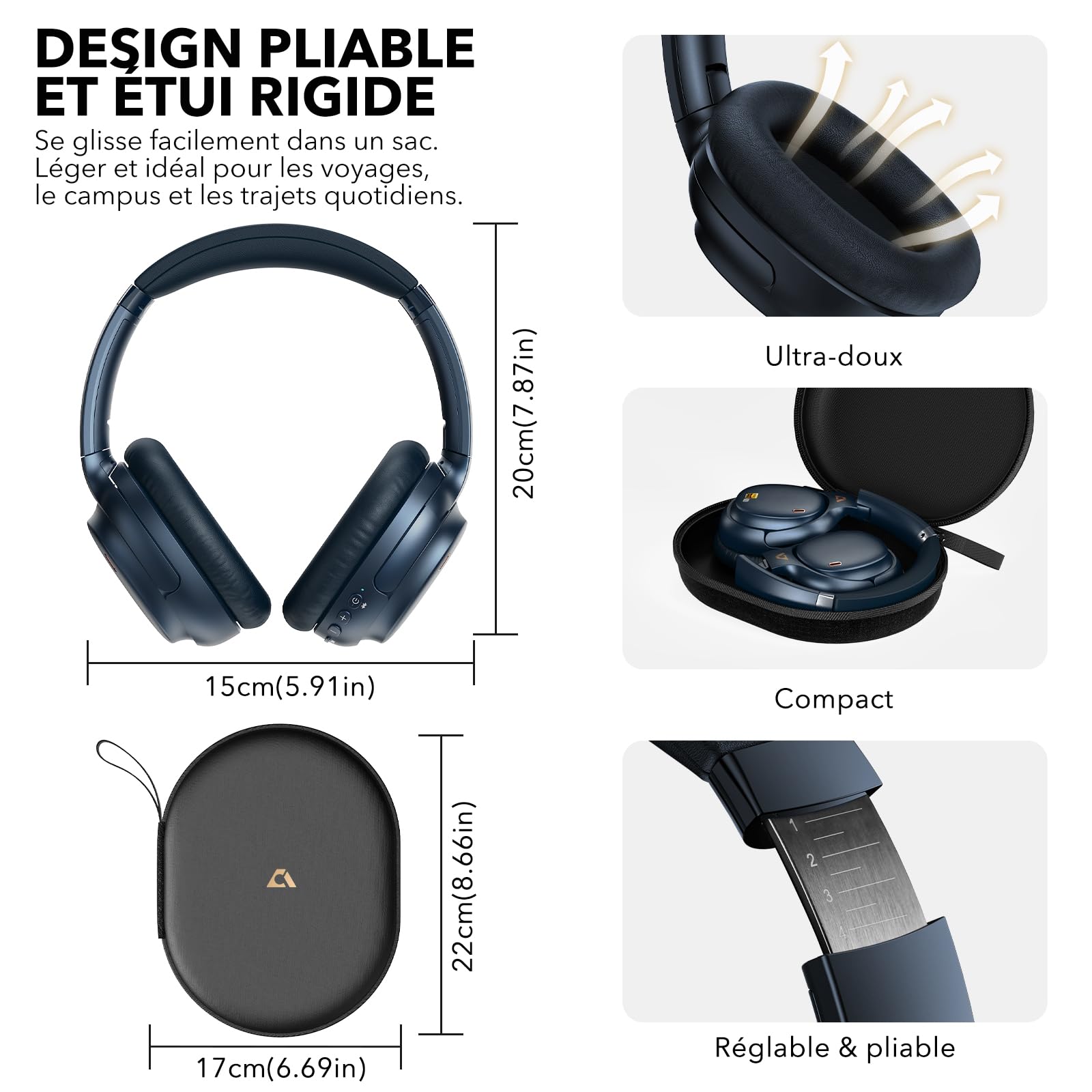 1Mii E700 Casque Bluetooth sans Fil avec Réduction de Bruit Active, Indigo | ANC Hybride, Hi-Res Audio LDAC, Confortable pour Trajets, Voyage, Études, aptX Low Latency pour TV, Maison, Bureau, Avion