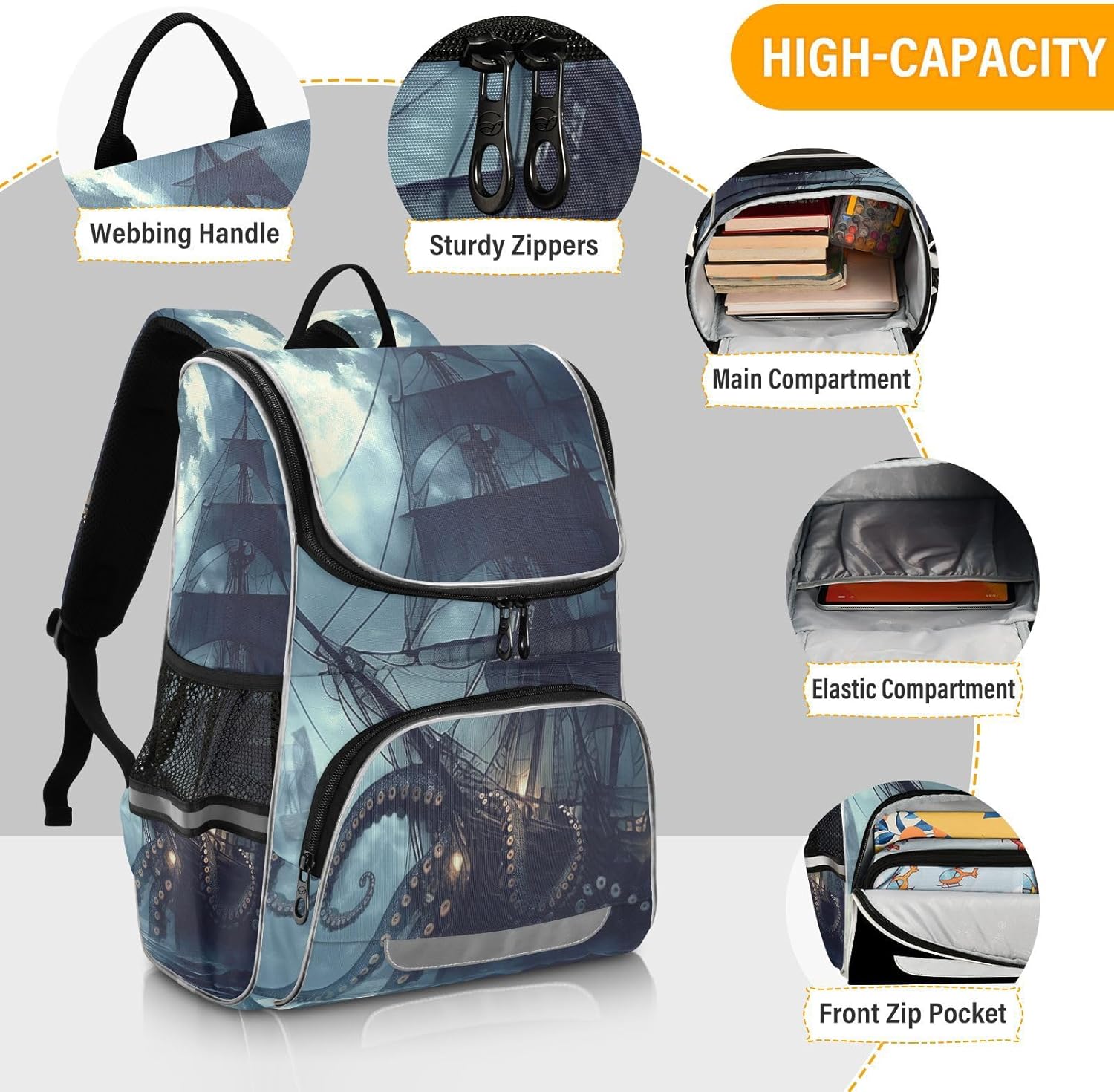 Nander Backpack,Pirate Ship Students School Backpacks with Reflective Tape for Girls & Boys,Wide Mouth School Bag Book Bag for Kid Teens