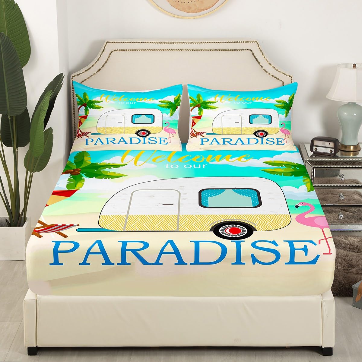 Juego de sábanas bajeras de playa de verano, tamaño King, juego de ropa de cama de 3 piezas para niños y niñas, decoración de habitación de niños y niñas, funda de cama de flamenco tropical con 2