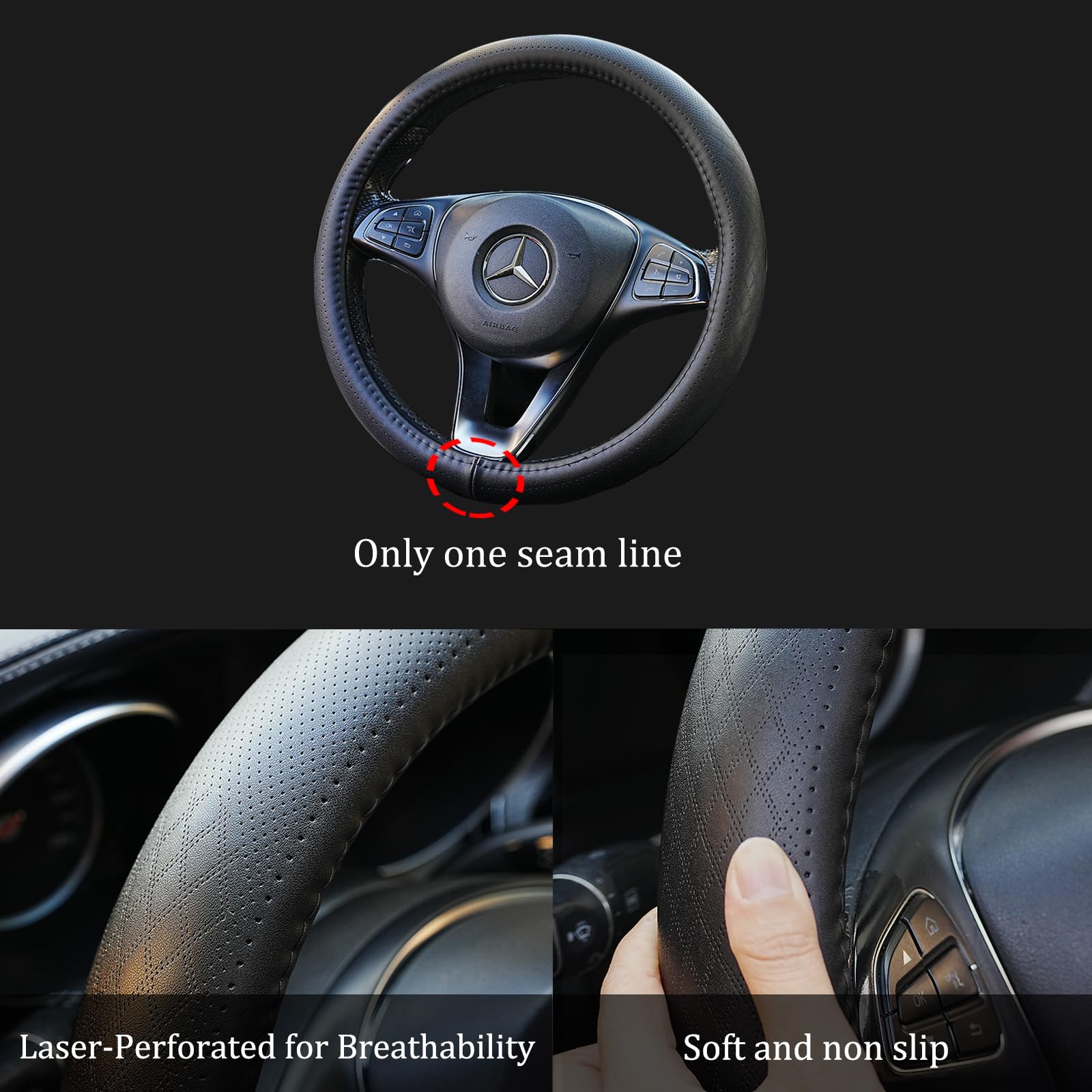 Funda para volante de coche de piel auténtica negra para hombres y mujeres, funda de cuero vacuno, suave, transpirable, antideslizante, funda de volante de lujo, tamaño estándar universal de