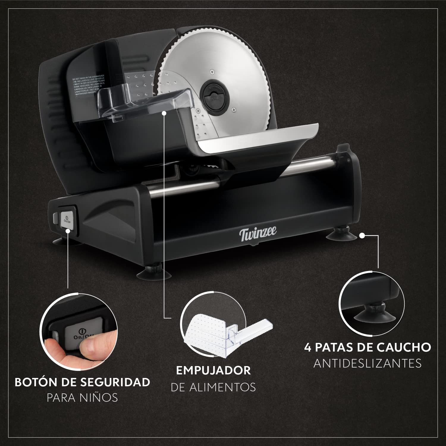 Twinzee Cortadora de Fiambre Electrico 150W Negra – 2 Cuchillas, Grosor 0-15 mm – Cortafiambres Electrico para Jamón, Embutidos, Carne y Pan