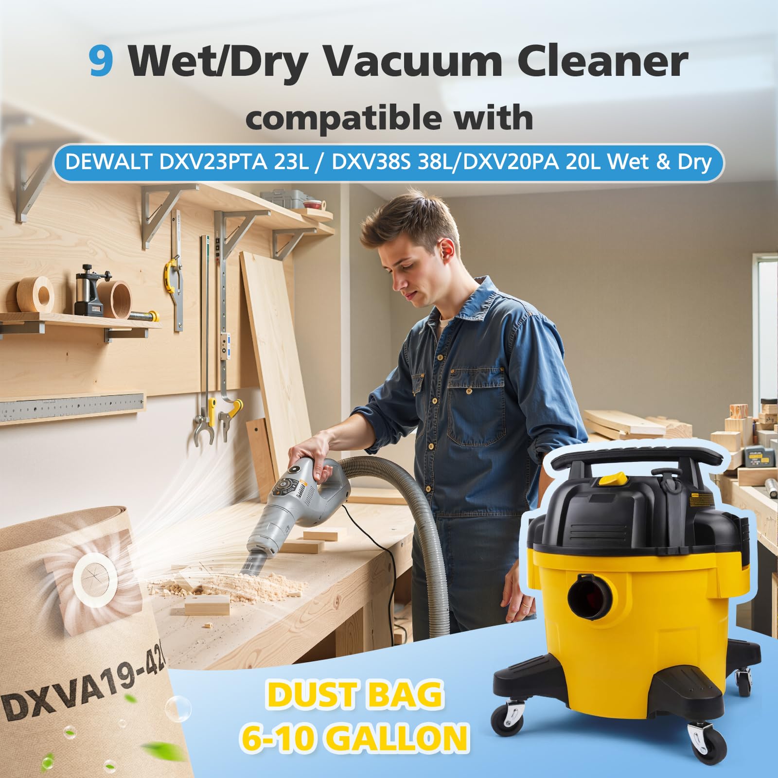 iSingo 9 sacchetti per aspirapolvere compatibili con aspirapolvere DEWALT DeWalt DXV23PTA 23L DXV38S 38L DXV20PA 20L, DXV34P, DXW38P, DXV30S, sacchetti di ricambio ad alta efficienza, da 6 a 10