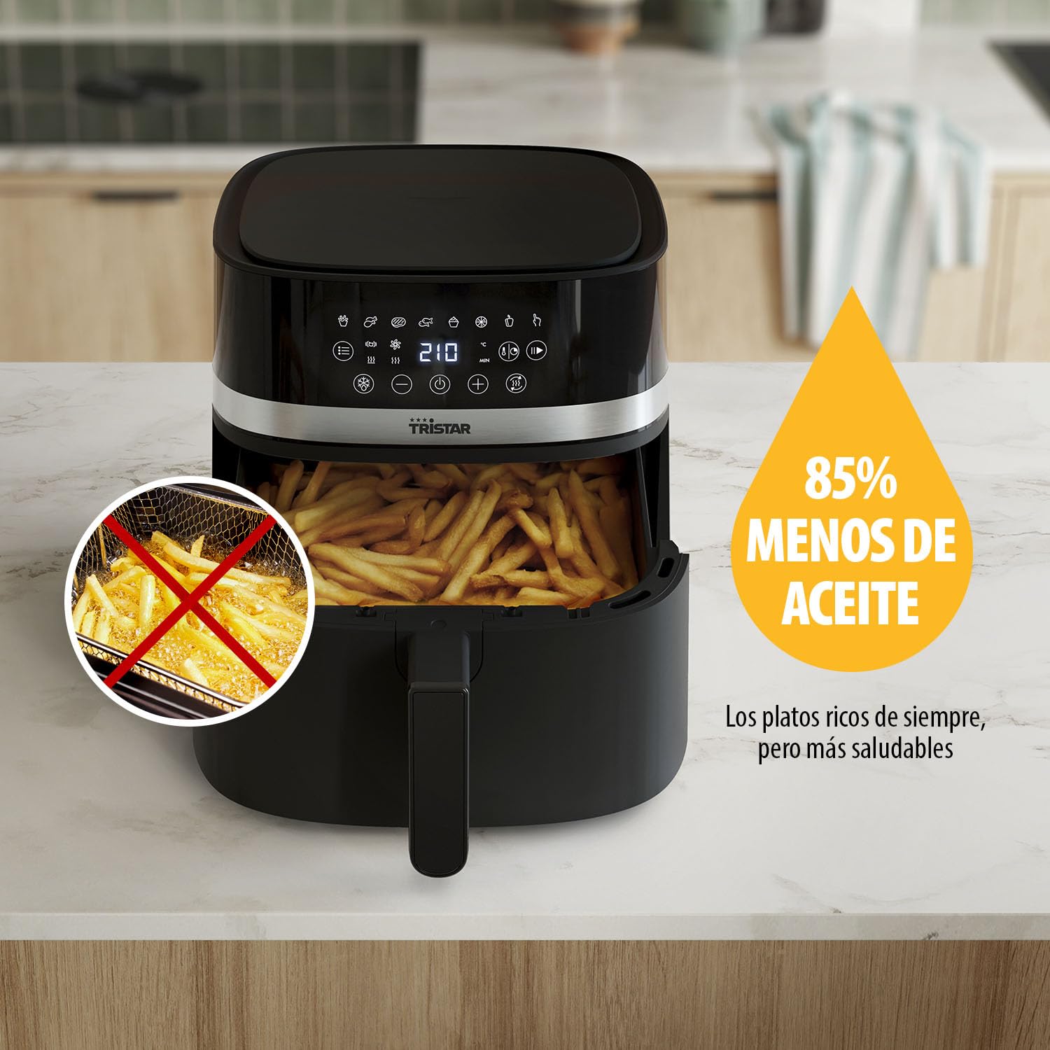 Tristar Freidora de Aire Digital, 8L Capacidad, 2000W, Pantalla LED Táctil, 7 Programas + Manual, Función Precalentar y Mantener Caliente, Aviso de Agitación, Recubrimiento Antiadherente, FR-9418