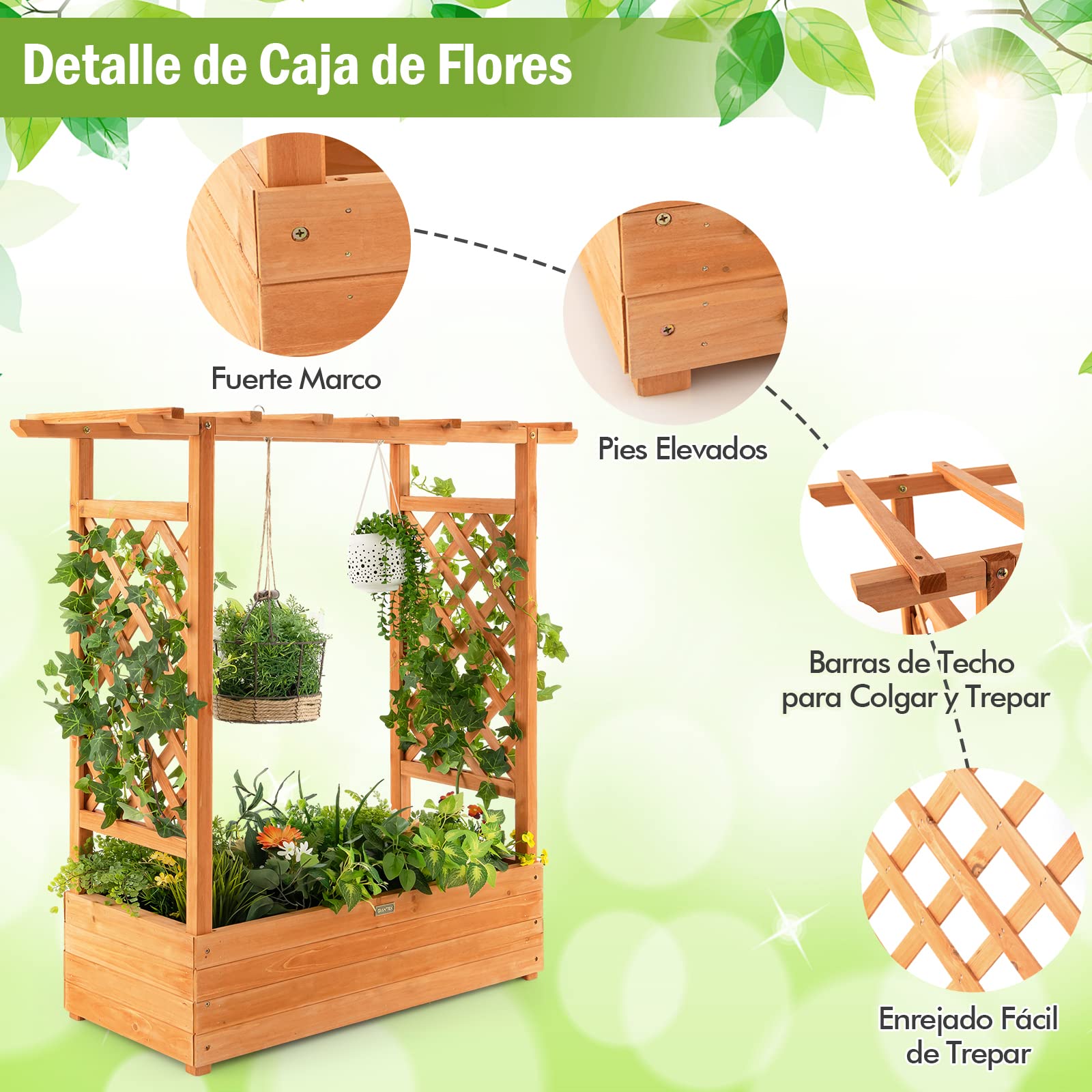 COSTWAY Jardinera Elevado con Enrejado Arqueado, Techo Colgante, Macetero, Orificios de Drenaje, Contenedor Vertical de Plantas para Plantas, Macetero de Madera Interior Exterior para Jardín Patio