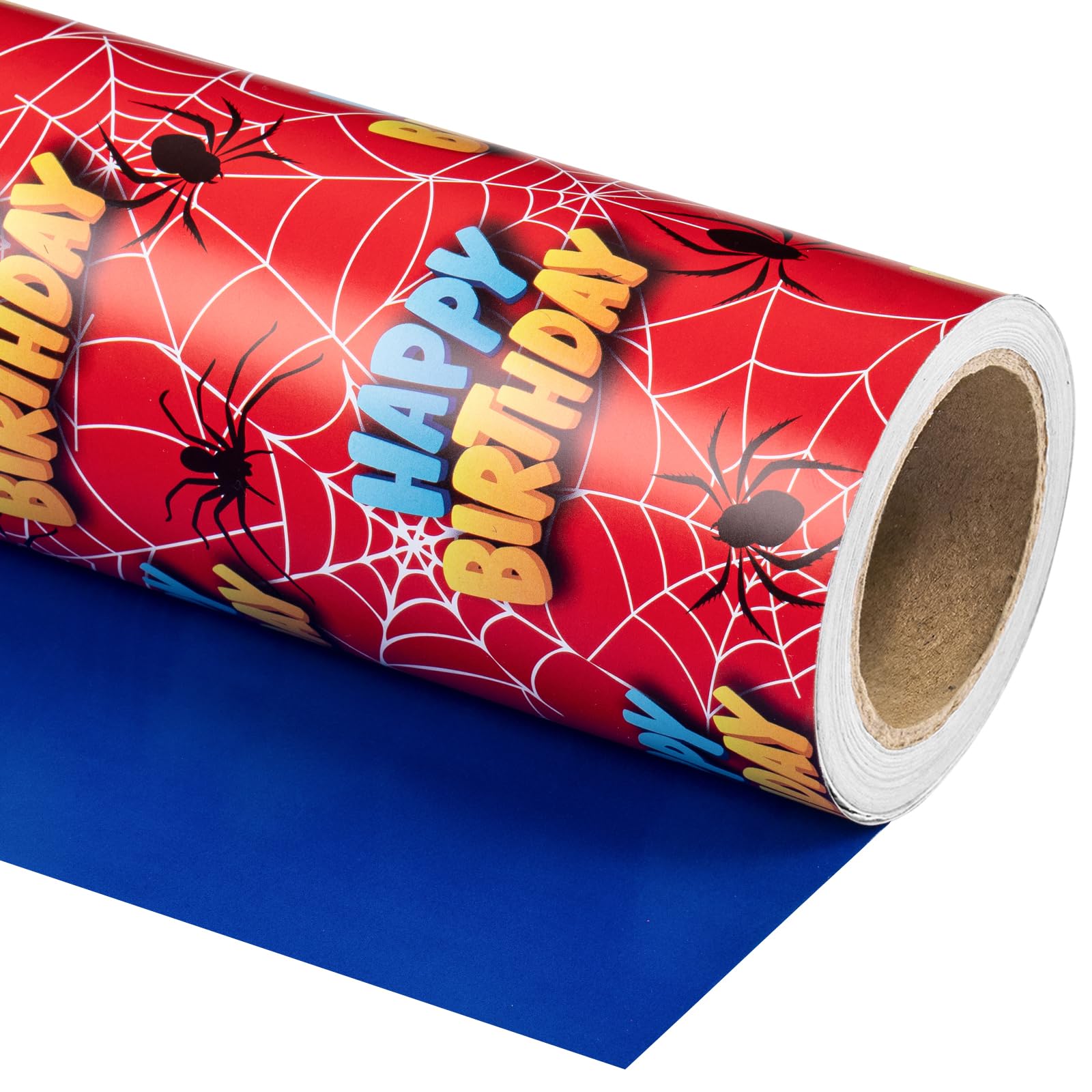 RUSPEPA Reversible Spider Birthday Wrapping Paper Roll - Mini Roll - 43.2cm x 5m - Happy Birthday Spider Wrapping Paper with Solid Blue Design for Boy Kids Man