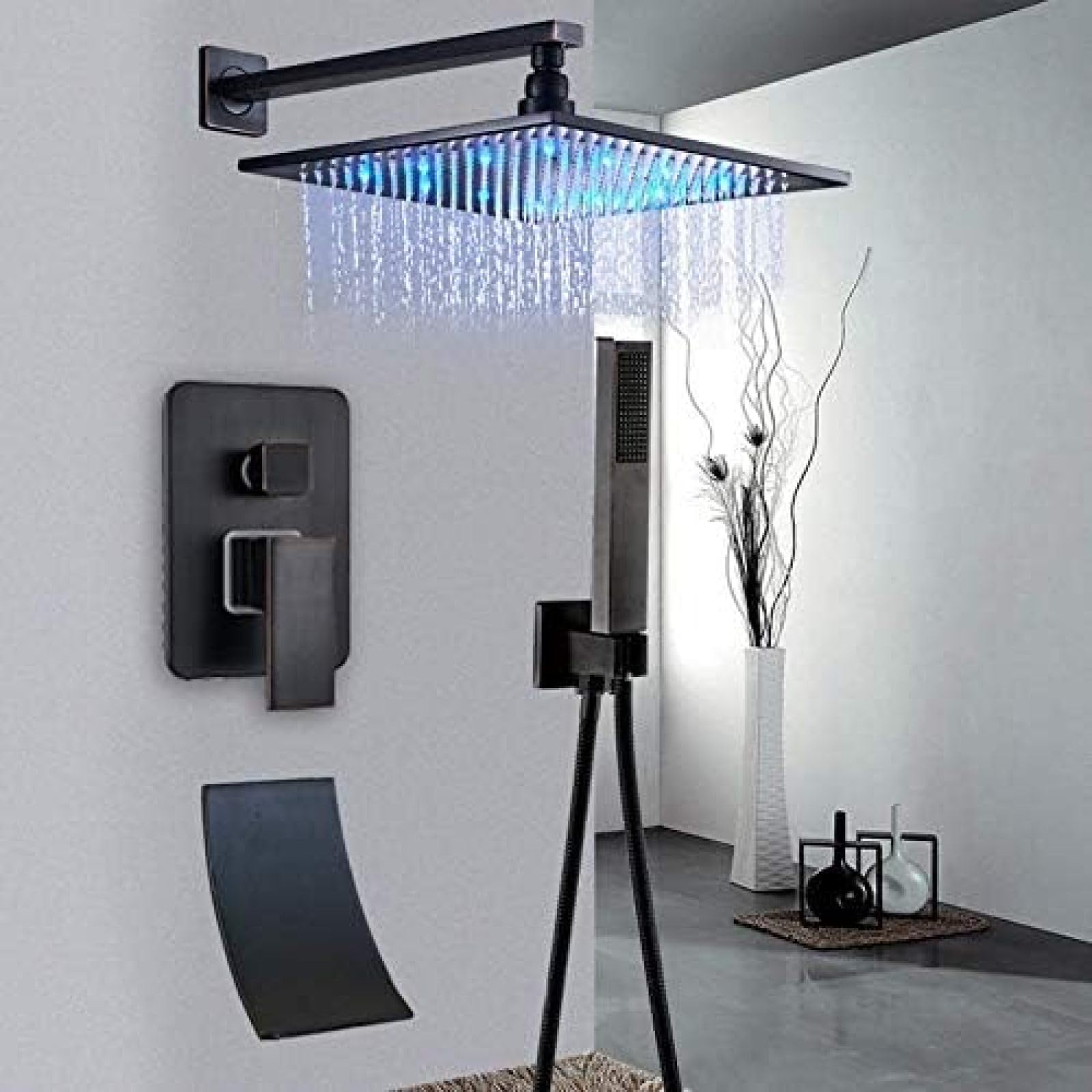 Robinet de douche en bronze noir à montage mural avec 3 fonctions pour salle de bain