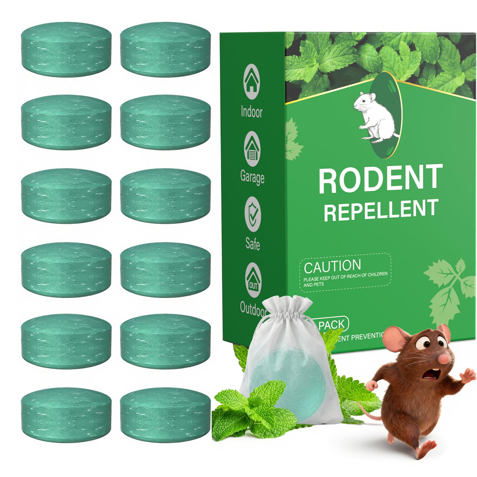 RUN HELIX Peppermint Oil Rodent Repellent Balls 12 Pack, Natural Mouse Repellent in Breathable Non-Woven Bags, Moth & Spider Repellent for Indoor Outdoor Garden Rat Deterrent