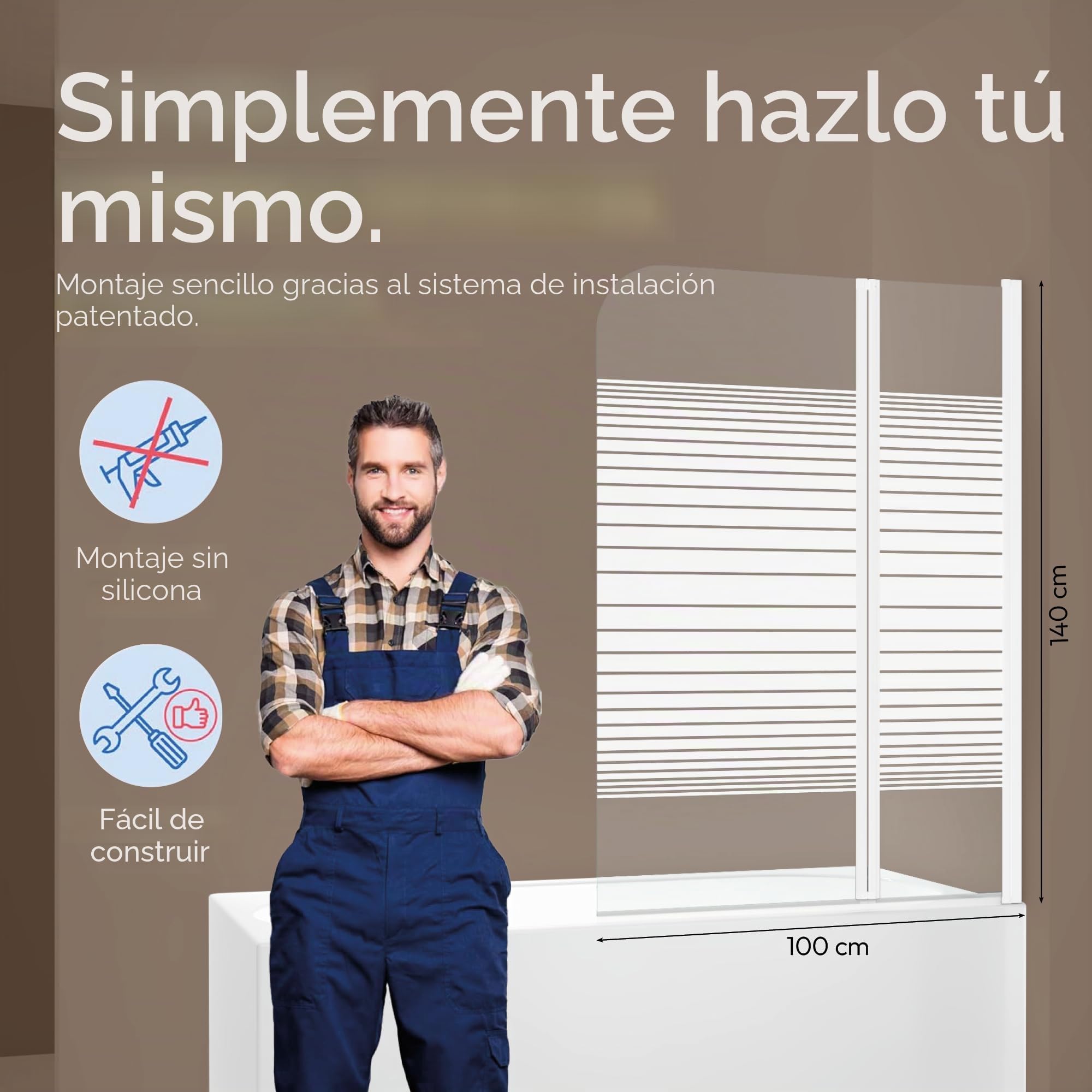 MARWELL White Lines - Mampara de ducha plegable para bañera (100 x 140 cm, 2 piezas, color blanco mate), mampara de ducha de vidrio templado de seguridad de 4 mm de grosor