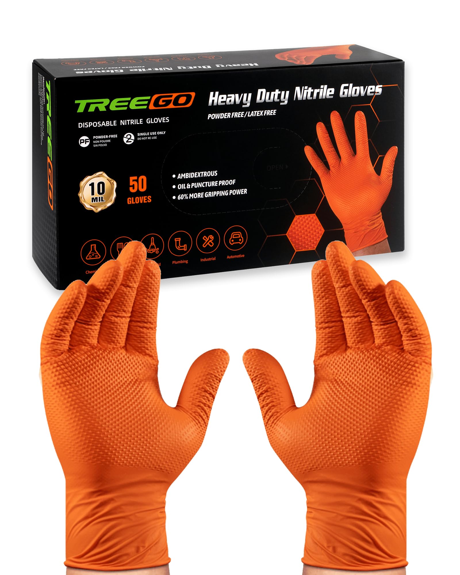 TREEGO Guantes de nitrilo naranja de 10 mil, medianos, desechables, resistentes, sin látex ni polvo, resistentes a los químicos, agarre de diamante para automoción, preparación de alimentos, limpieza