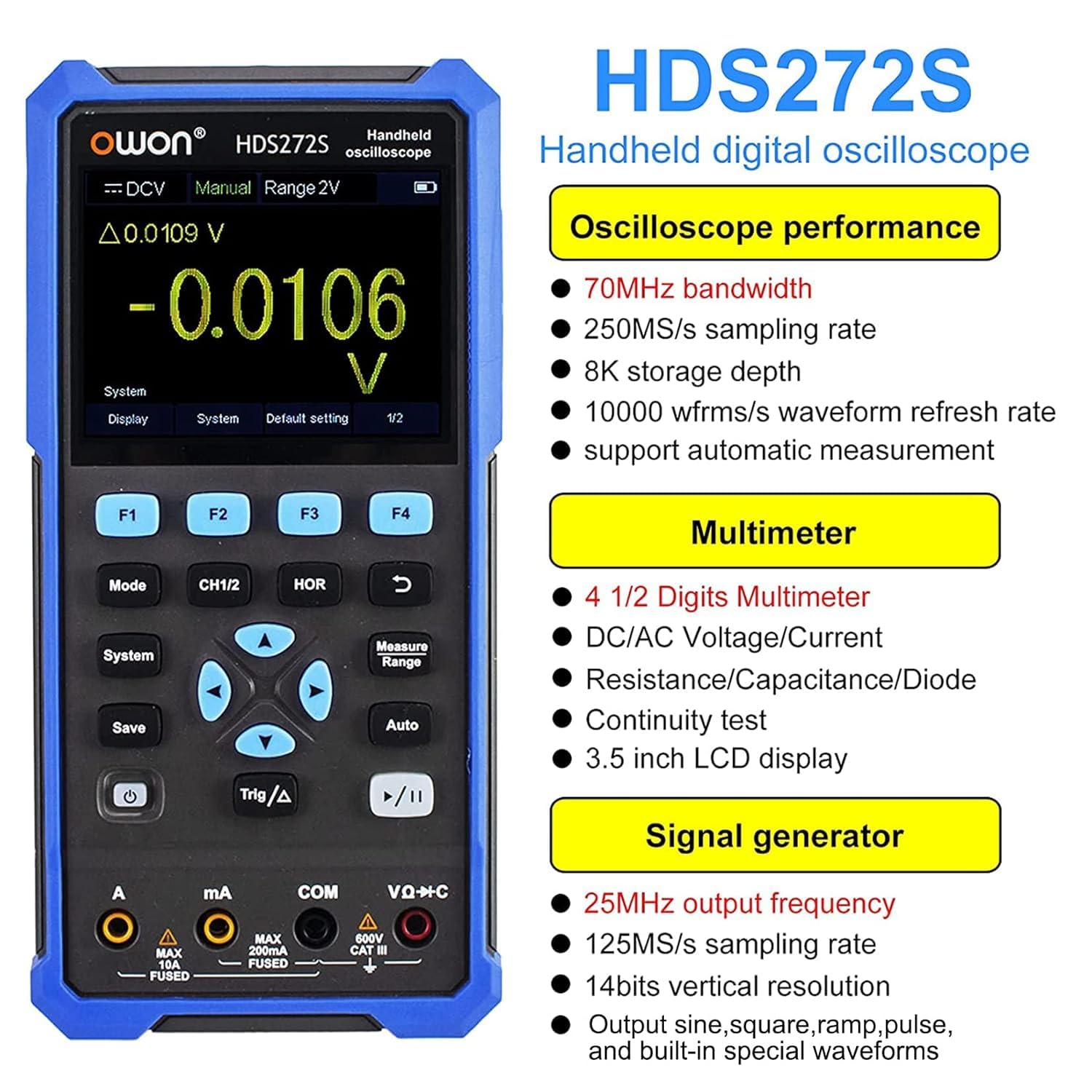 OWON HDS272S oscilloscope 3 in 1 70MHz Professional Handheld PC oscilloscope, 20000 Counts Digital multimeter 3.5 inch LCD Display Universal Test Instrument (oscilloscope+multimeter+Generator) - Image 4