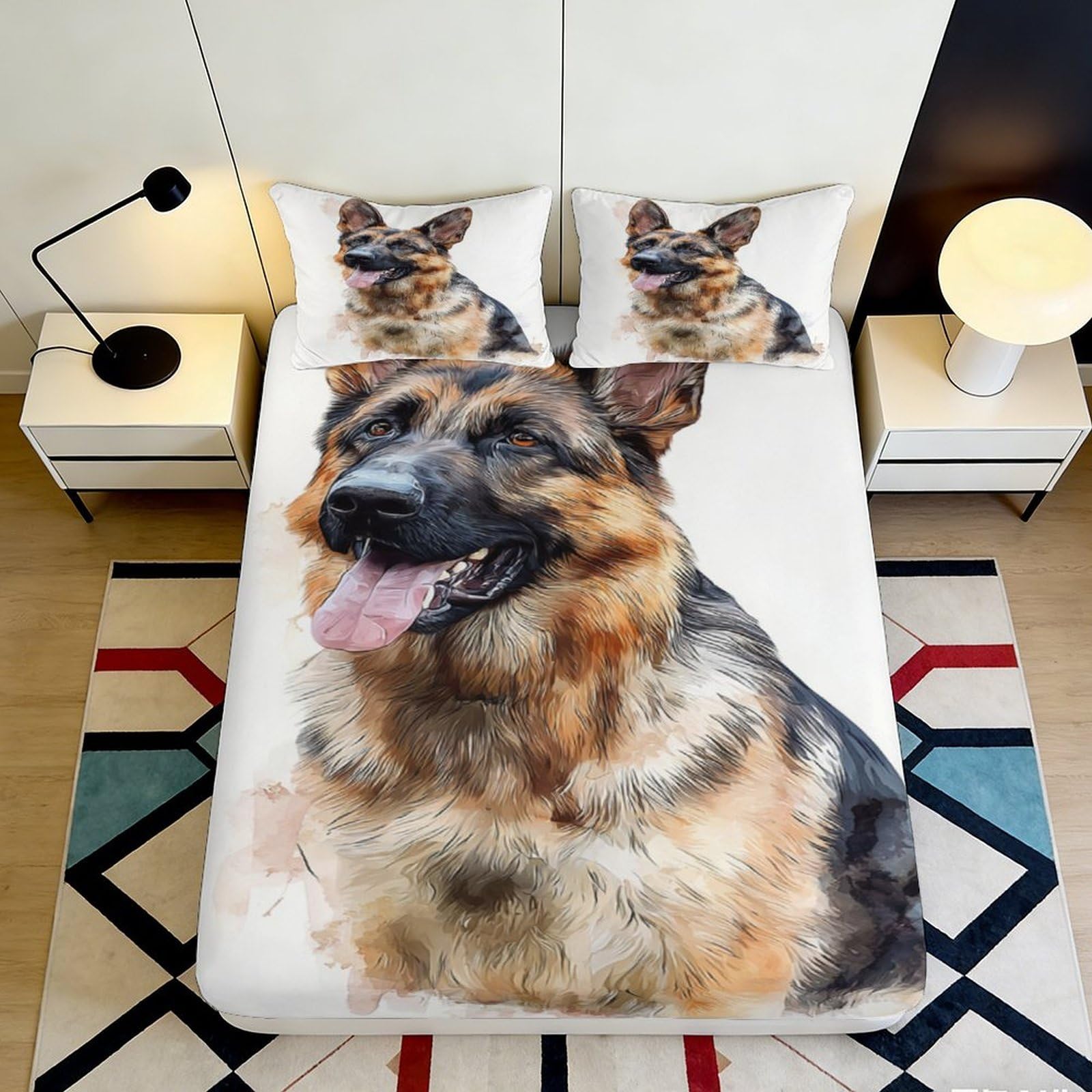 3D Printed German Shepherd Fitted Sheet Microfiber Deep Pocket Non-Slip Bedroom Bedding German Shepherd Mattress Fitted Cover Washable 180x200x25cm